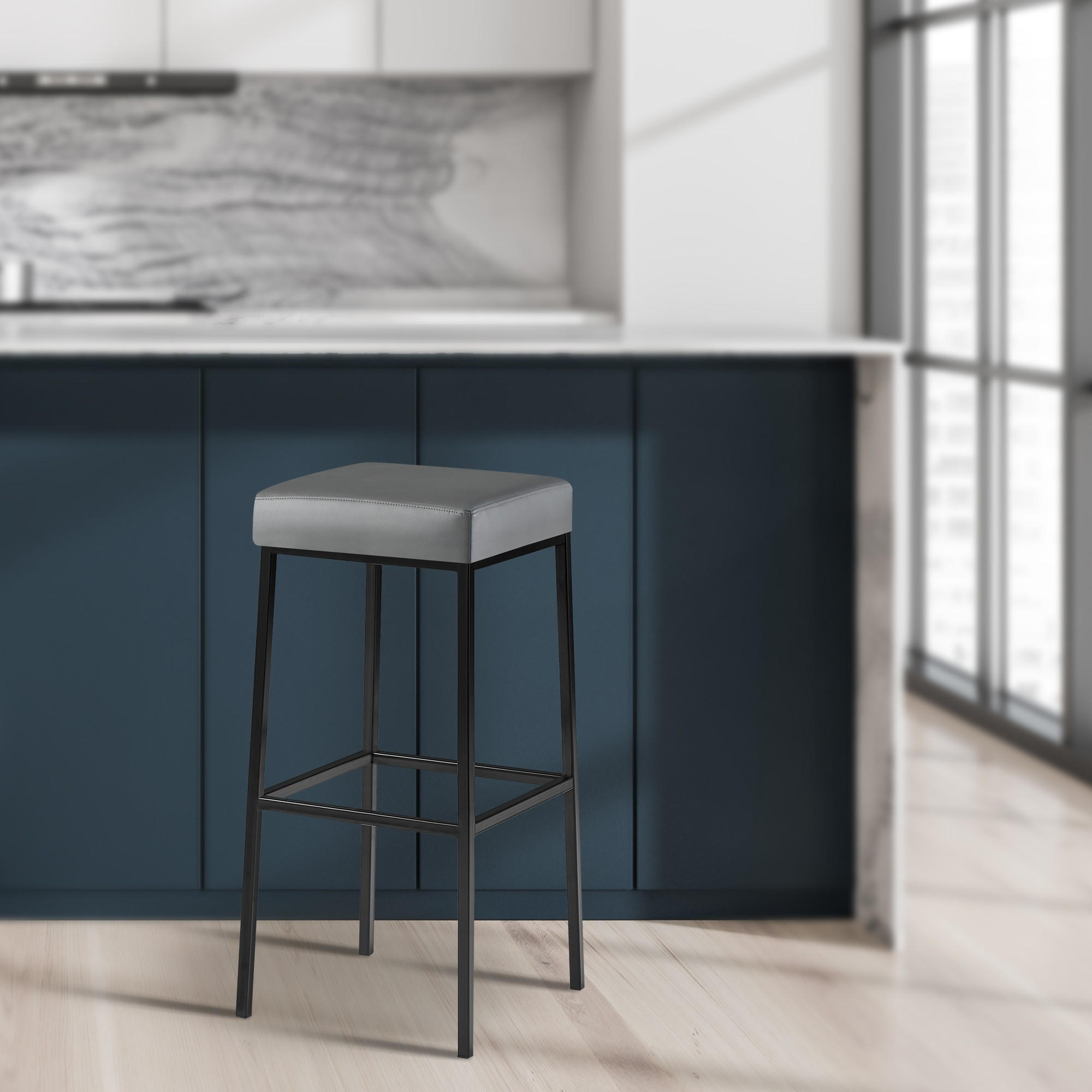 BARHOCKER 2er Set Lederlook grau - Schwarz/Grau, Textil/Metall (37/83/37cm) - CLP