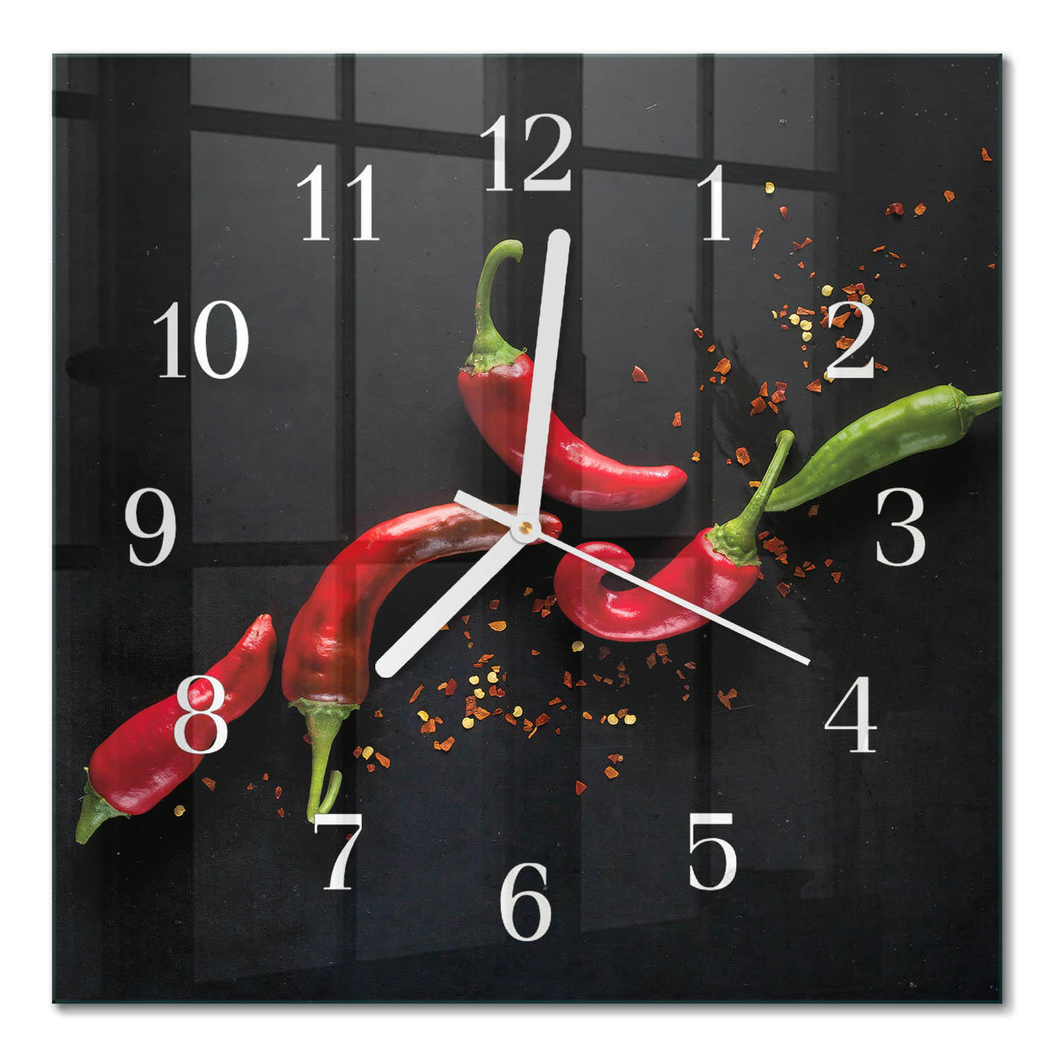 WANDUHR 30x30 cm - Chilischoten - Schwarz, Glas (30/30/0.4cm) - TULUP