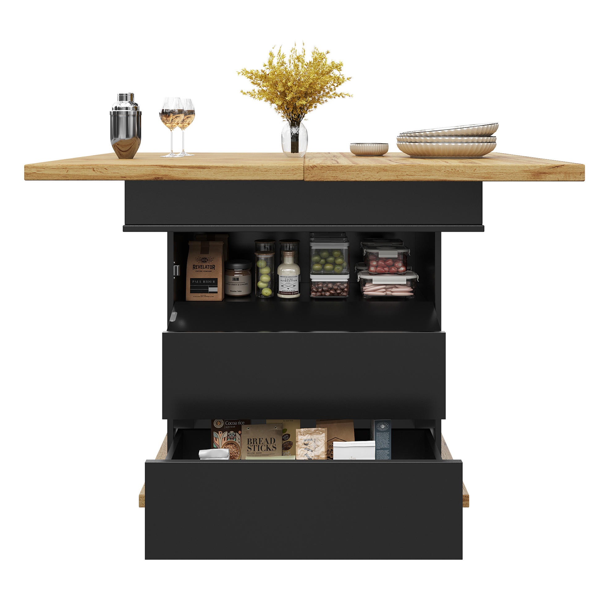 Redom ROZKLÁDACÍ jídelní stůl 110-140/80/75 cm z MDF s oboustranným výsuvem, úložným prostorem a tichým dovíráním, Černá, Přírodní