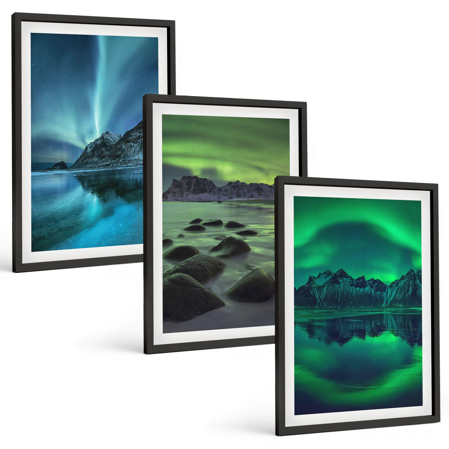 BILDER SET 3er Set - 40x60 cm Schwarzer Rahmen - Winterlandschaft der Aurora borealis - Schwarz, Kunststoff (40/60cm) - TULUP