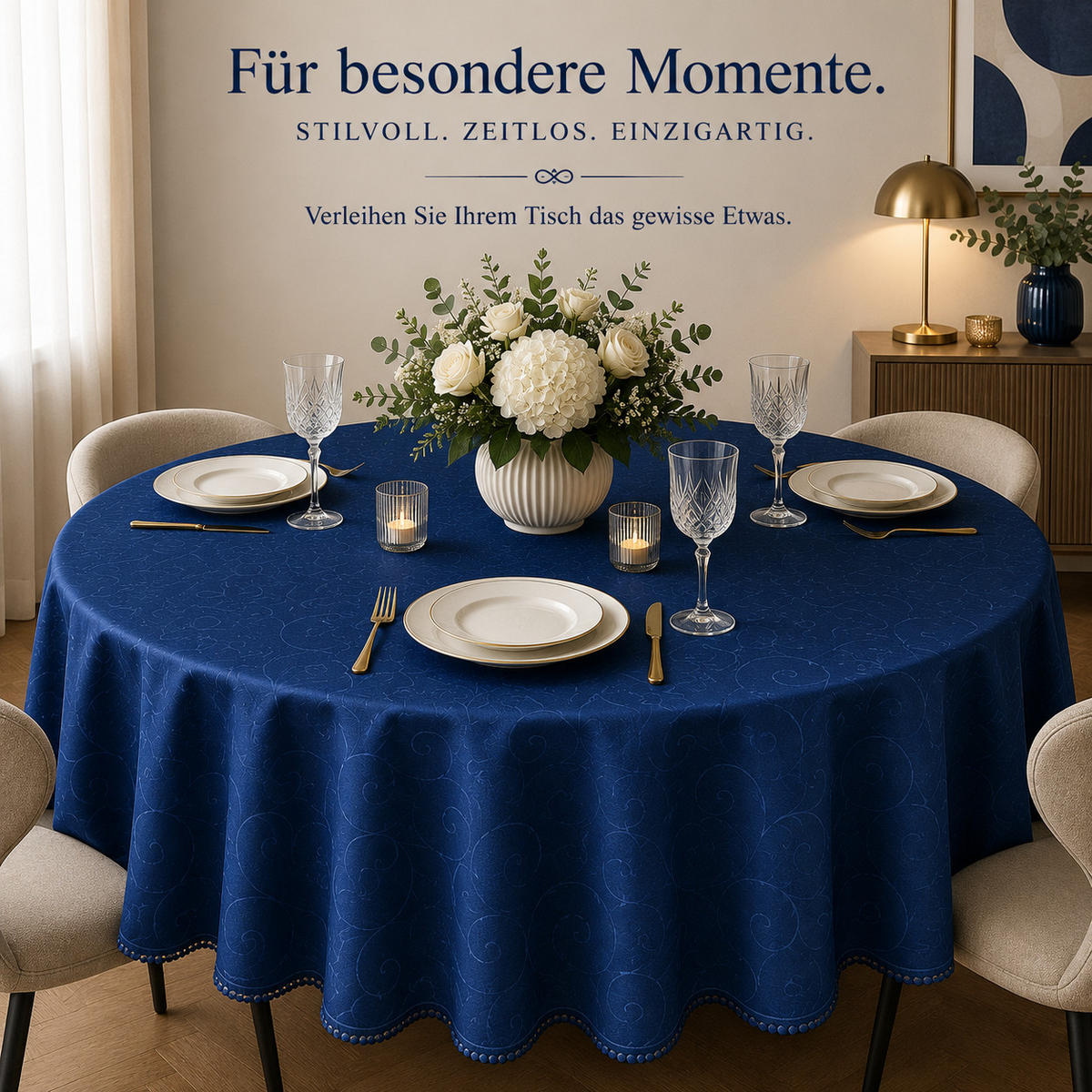 TISCHDECKE 160/400 cm oval Ornamente Königsblau - Blau, Textil (160/400cm) - TiborTex