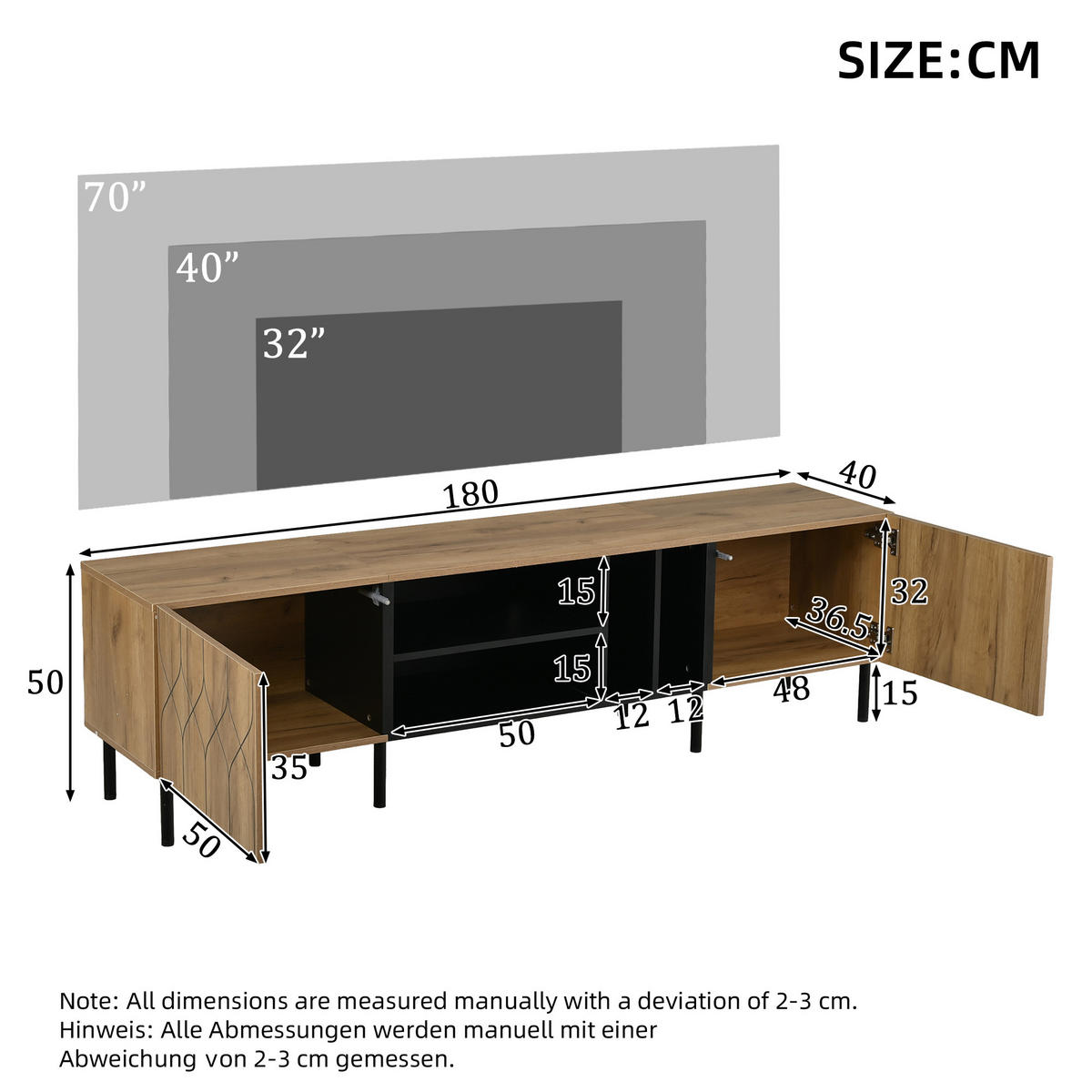 TV-SCHRANK 180/40/50 cm Naturholz/Schwarz mit 2 Türen und 4 Fächern - Schwarz, Holzwerkstoff (180/50/40cm) - Oxeza