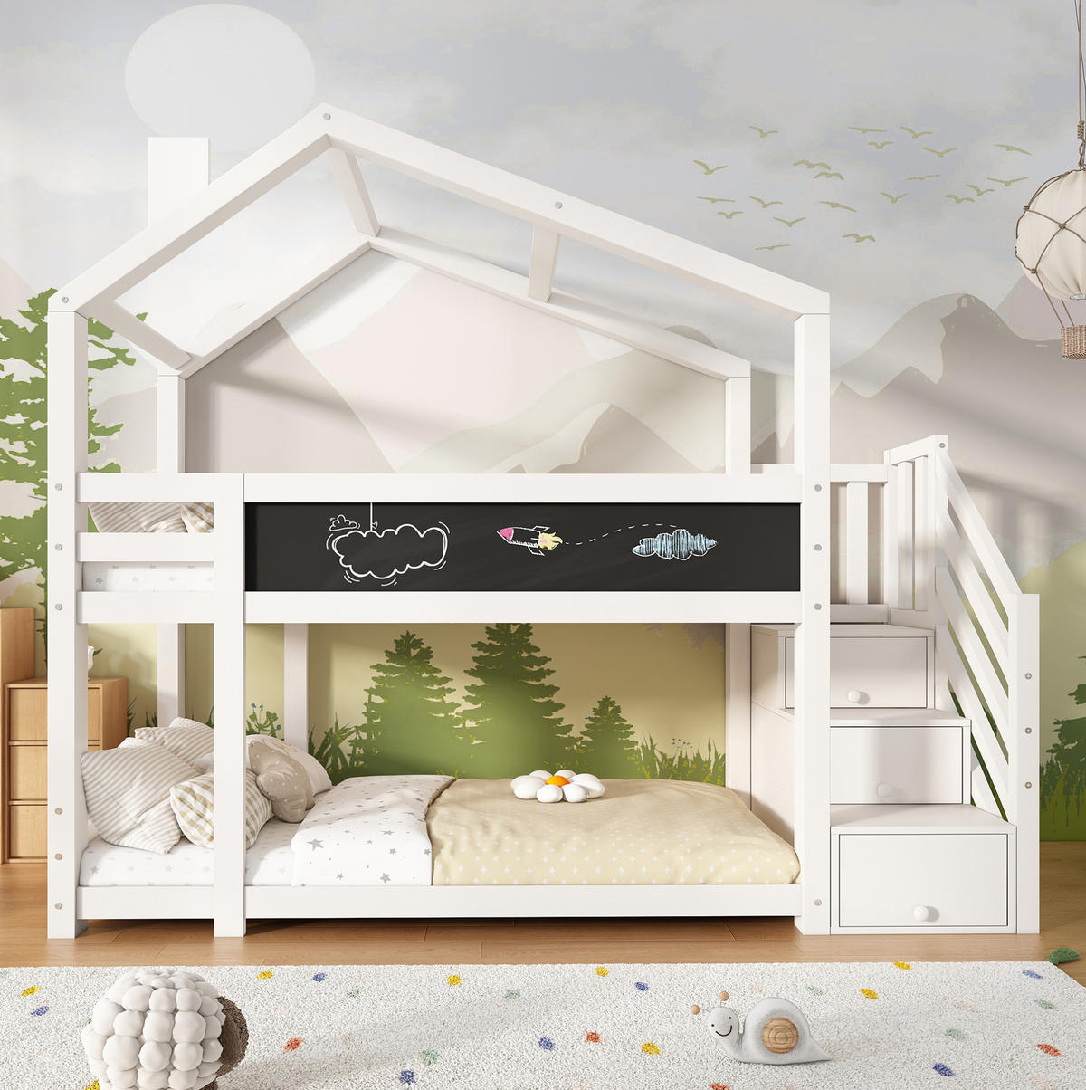 ETAGENBETT 90/200 cm mit Stauraumtreppe, Tafel und Rausfallschutz, Weiß - Weiß, Holzwerkstoff (90/90cm) - Redom