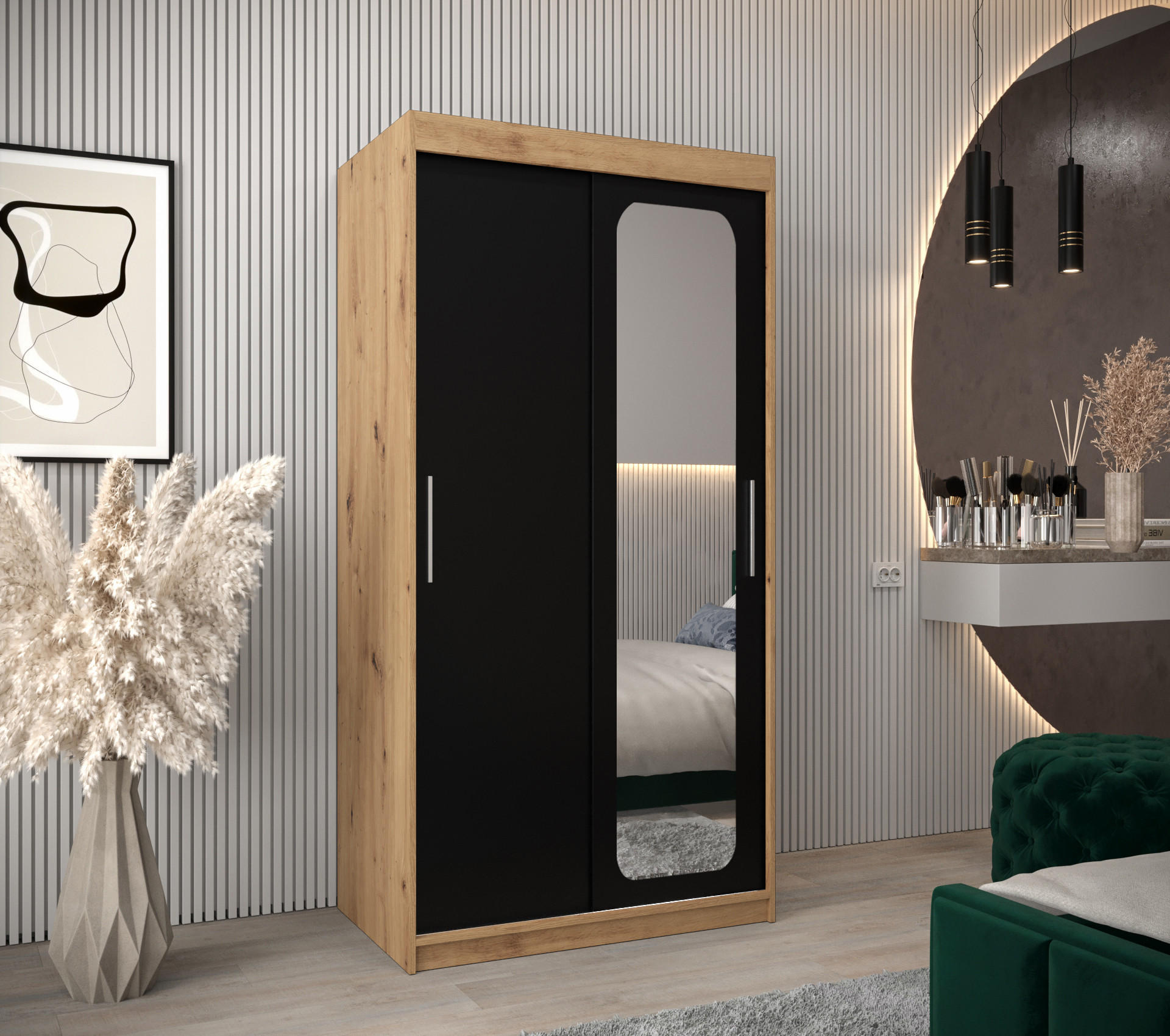 SCHWEBETÜRENSCHRANK 200/100/62 2-türig - Silberfarben/Schwarz, Holz/Kunststoff (100/200/62cm) - Abiks Möbel