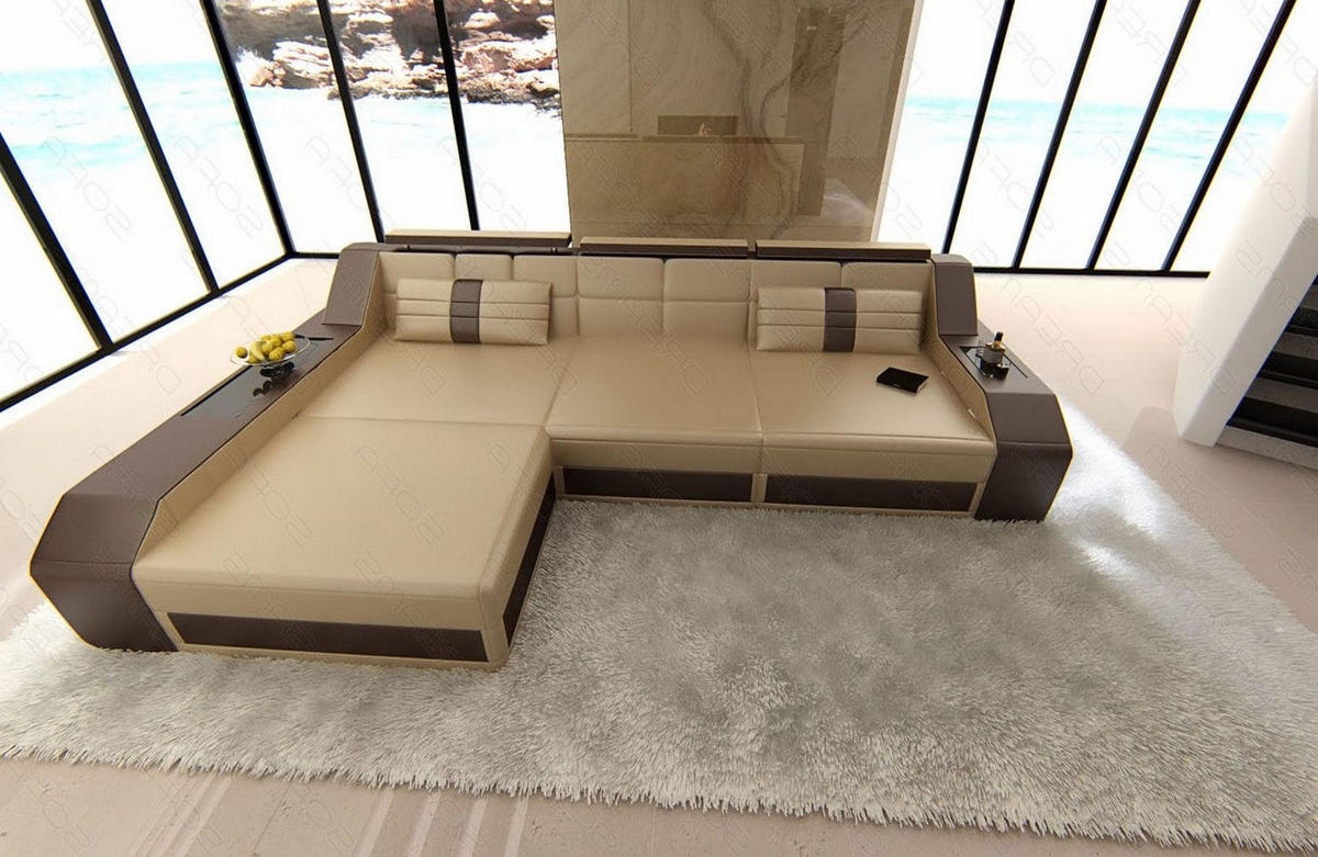 COUCH Arezzo L Sandbeige Dunkelbraun Ledermix - Sandfarben, Textil (308/194cm)