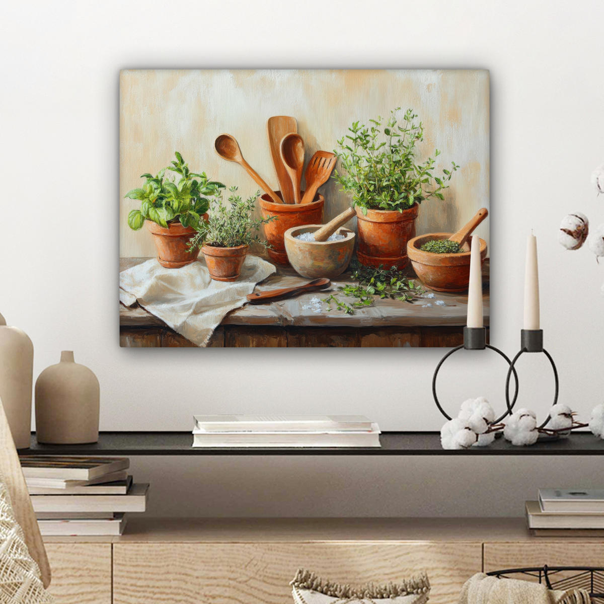 LEINWANDBILD Töpfe - Kräuter - Holz 40x30 cm - Terracotta, Textil (40/30cm) - MuchoWow