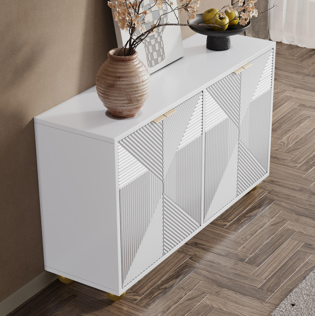 SIDEBOARD 120/35/71,5 cm aus MDF mit 4 Türen, verstellbaren Einlegeböden und gravierten Fronten, Weiß - Weiß, Holzwerkstoff (120/71.5/35cm) - Redom