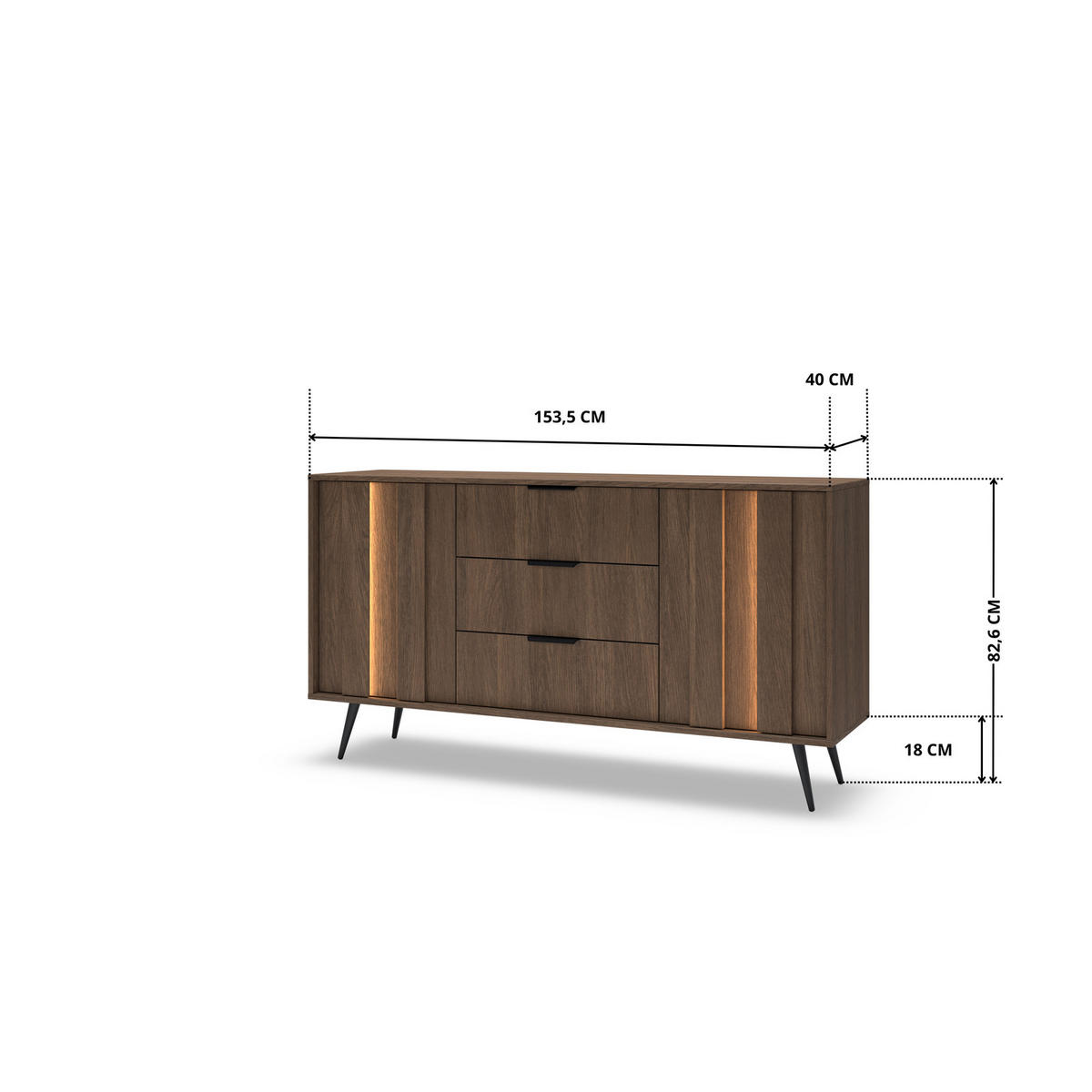 SIDEBOARD LUPO 153 cm Eiche Dunin - mit 3 Schubladen, LED und Metallfüßen - Eichefarben/Schwarz, Holz/Holzwerkstoff (153/83/40cm) - Ravio