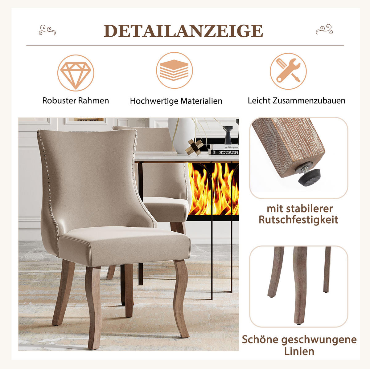 POLSTERSTUHL 2er-Set 50 x 45 x 91 cm Samt Beige - Beige, Holz (45/91/50.1cm) - Meubliv