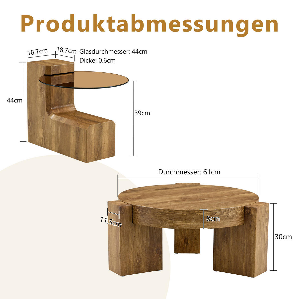 KLUBSKA miza, MDF/steklo, rjav lesni dekor, 61/44 cm, 2v1 - naravne barve, leseni material (61/61/36cm) - BEAOK