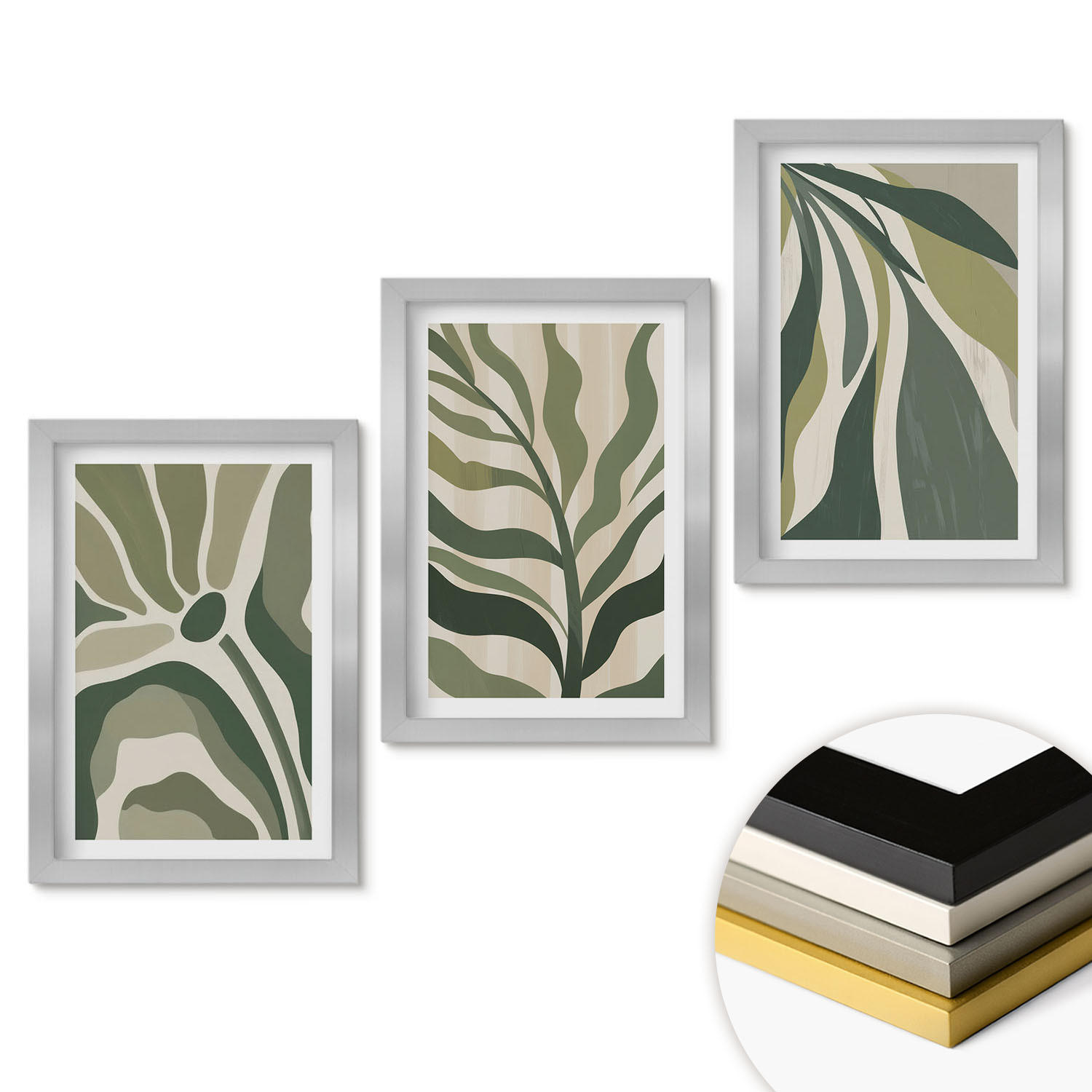 WANDBILDER 3er Set - 20x30 cm Silberner Rahmen - Illustrationen gemalter grüner Blätter - Silberfarben, Kunststoff (20/30cm) - ArtPrintCave