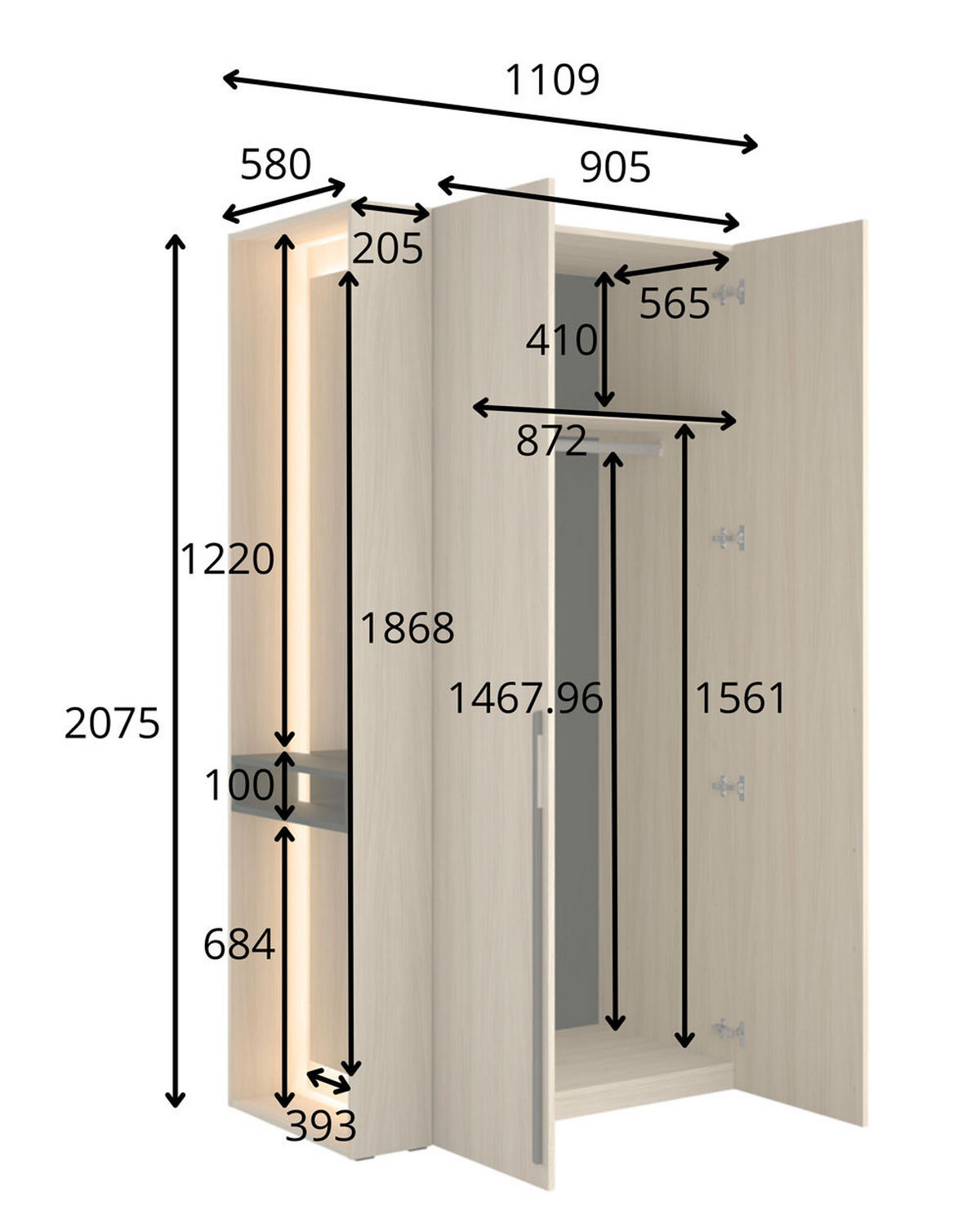 GARDEROBENSCHRANK Barcelona Eiche Barista X / 58 / 207,5cm mit Kleiderstange - Hellbraun/Eichefarben, Holz/Holzwerkstoff (90/207.5/58cm) - Feldmann-Wohnen