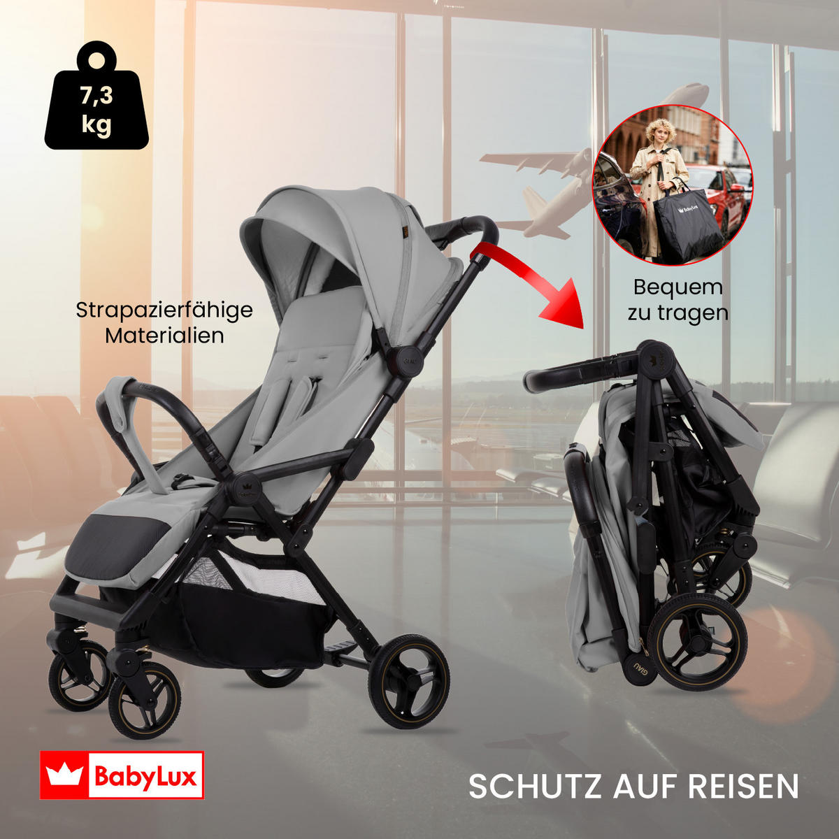 BUGGY Giau, Klein und Leicht, Teleskopische Führung, Kompakt Faltbar, Wickeltasche, Reisetasche - Schwarz/Grau, Textil/Metall (58/98cm) - BabyLux