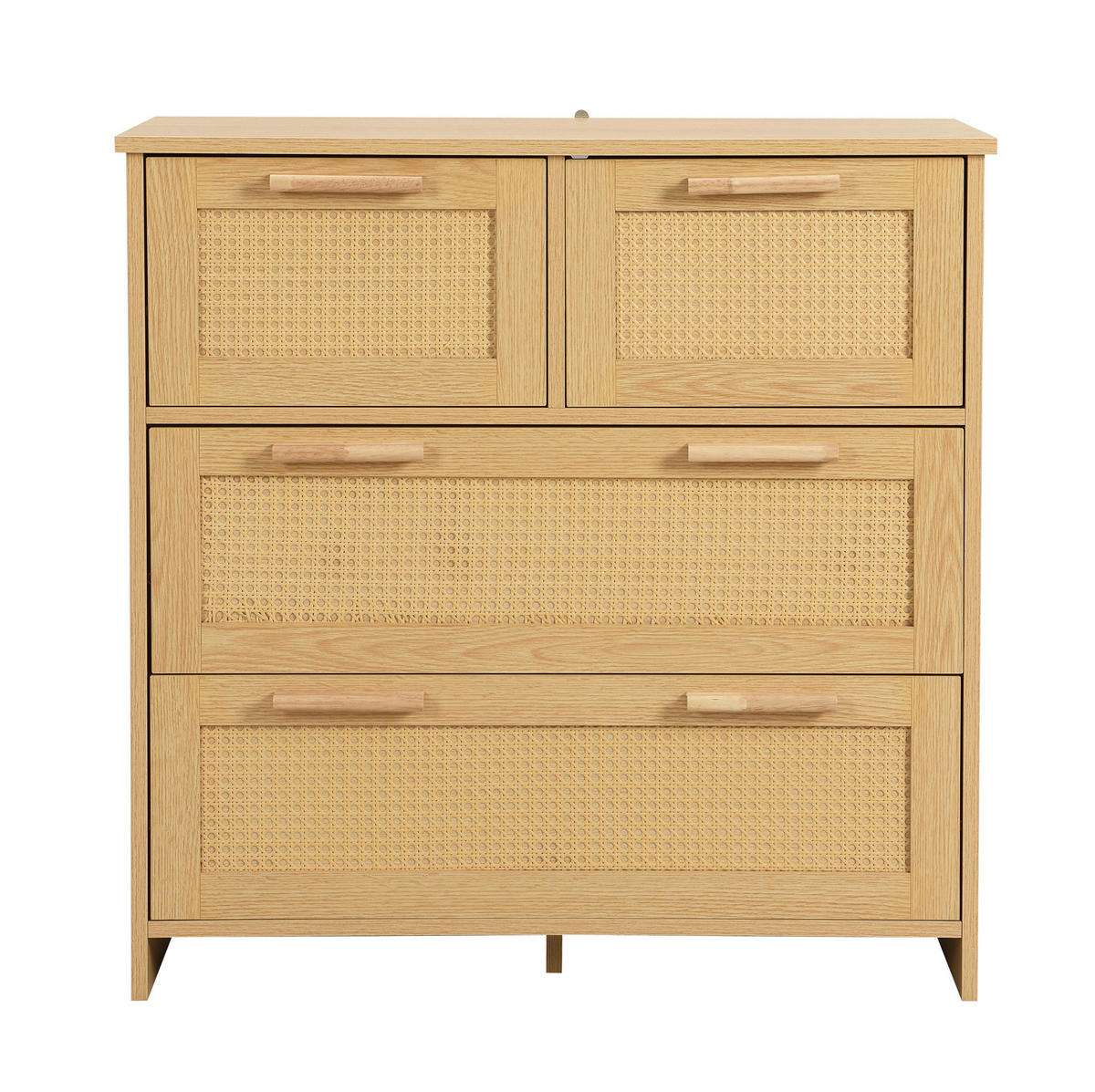 KOMODA z MDF a masivního dřeva 80x80x38 cm přírodní se 4 zásuvkami, ratanovým čelem a ochranou proti převrácení - přírodní, kompozitní dřevo (38/80/80cm) - Modfu