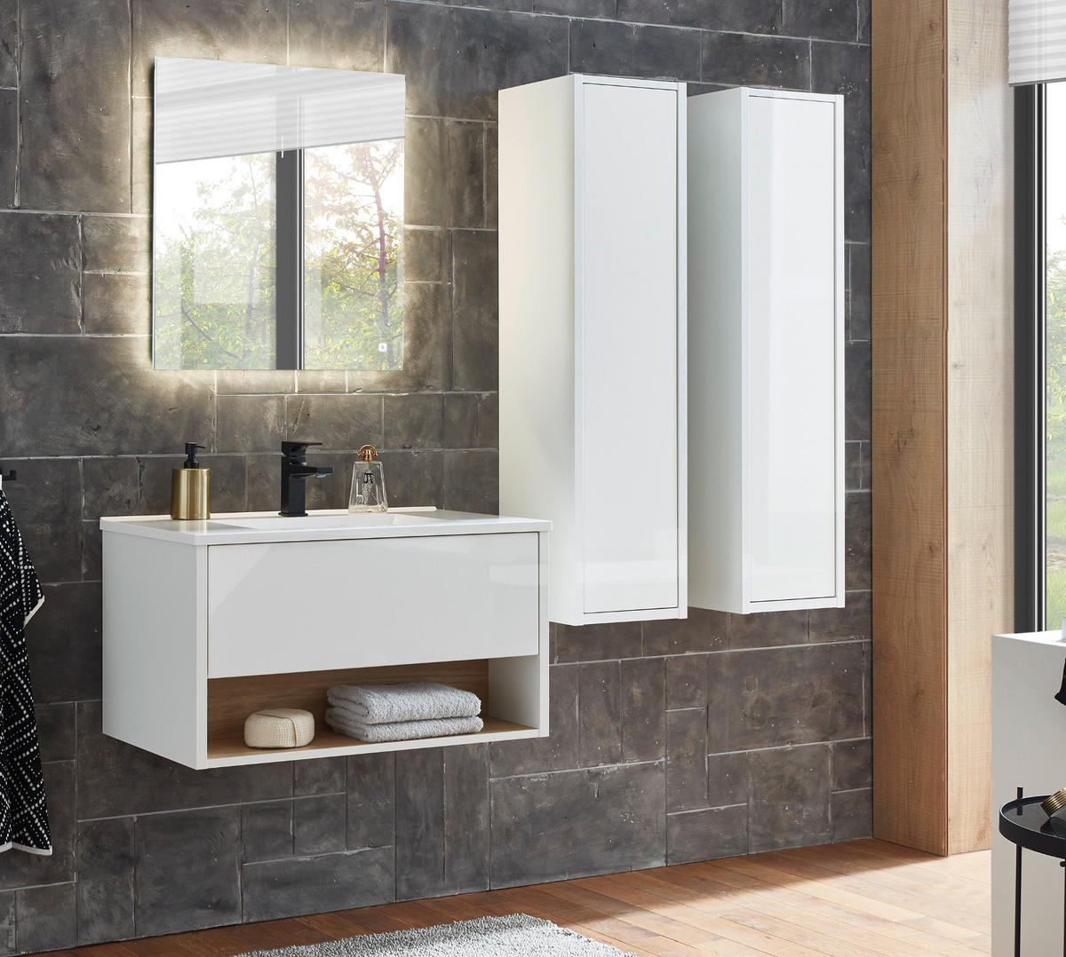 BADMÖBEL-SET weiß Hochglanz, Eiche mit Waschbecken und LED Beleuchtung 160 cm - Weiß Hochglanz/Eichefarben, Glas/Holzwerkstoff (160/190/47cm) - Furn.Design