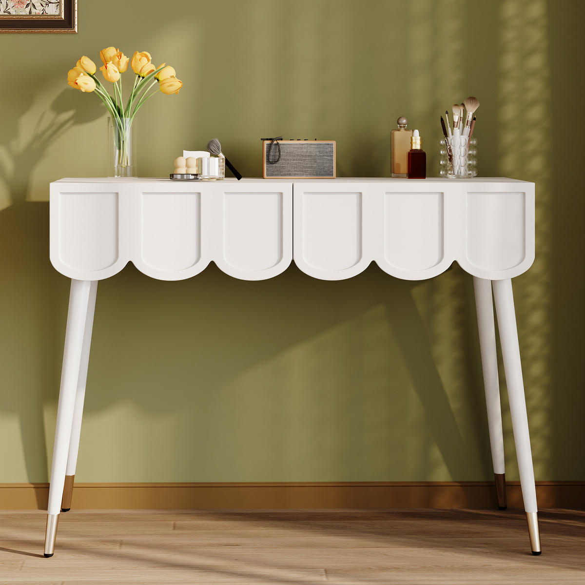 SCHMINKTISCH in Weiß Frisiertisch mit 2 Schubladen,Metallfüßen für Schlafzimmer B100/T40/H76cm - Weiß, Holzwerkstoff/Metall (100/76/40cm) - STILVORA