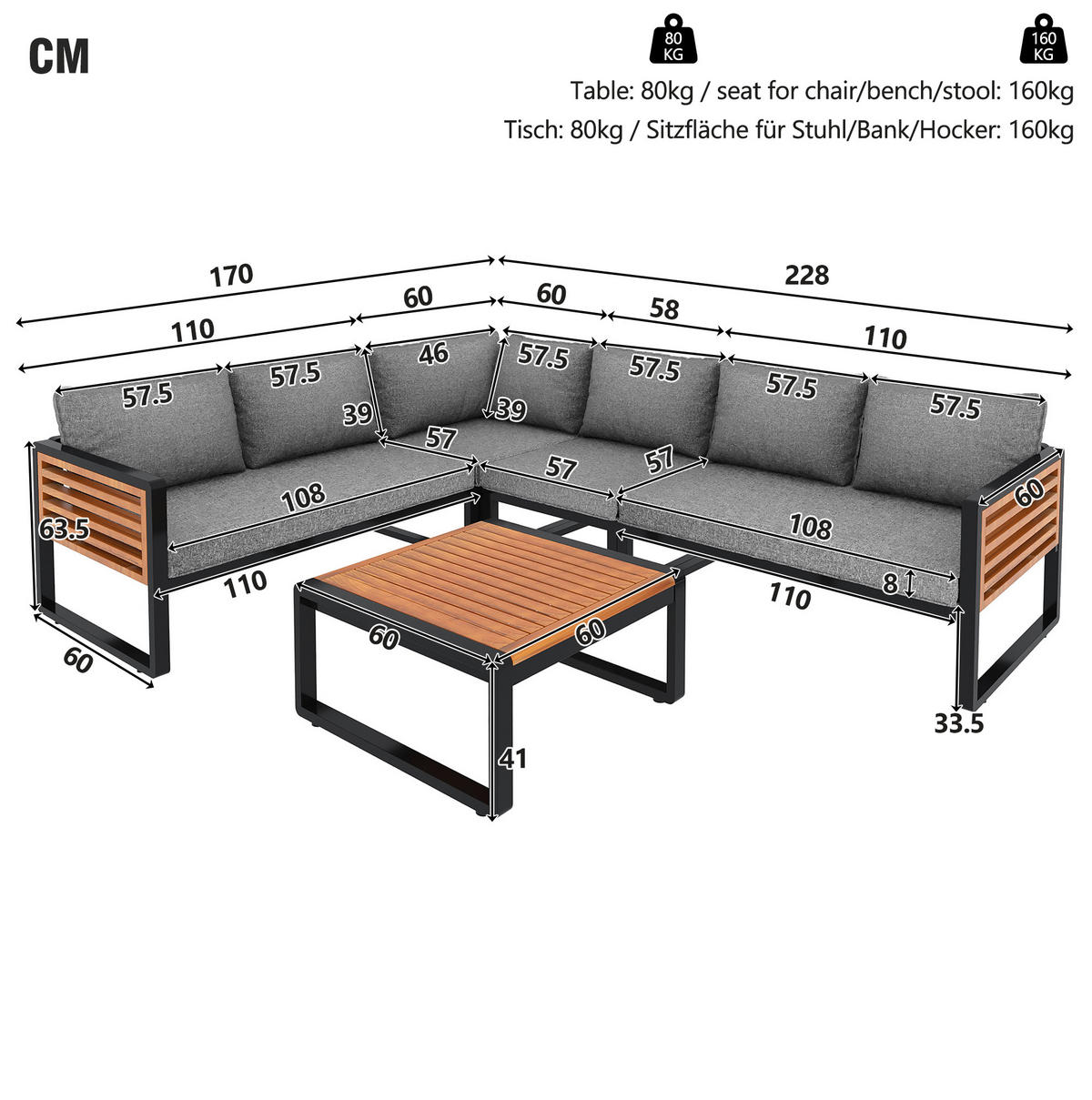 GARTENMÖBEL 110x60x63.5cm grau aus Metall und Holz, mit Kissen - Grau, Metall - Modfu