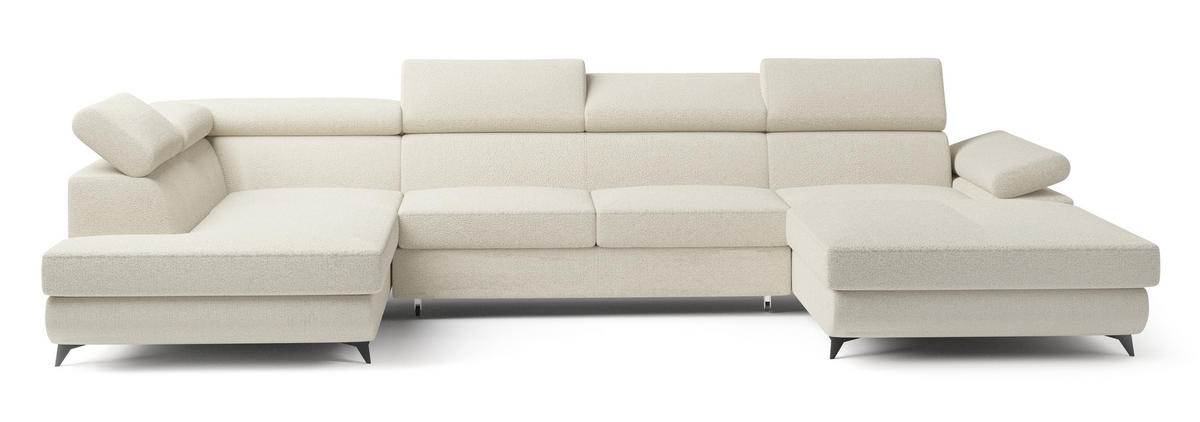 WOHNLANDSCHAFT RUBANO L-S Creme Boucle-Stoff mit Schlaffunktion - Creme, Holz (339/89/190cm) - MASSENO