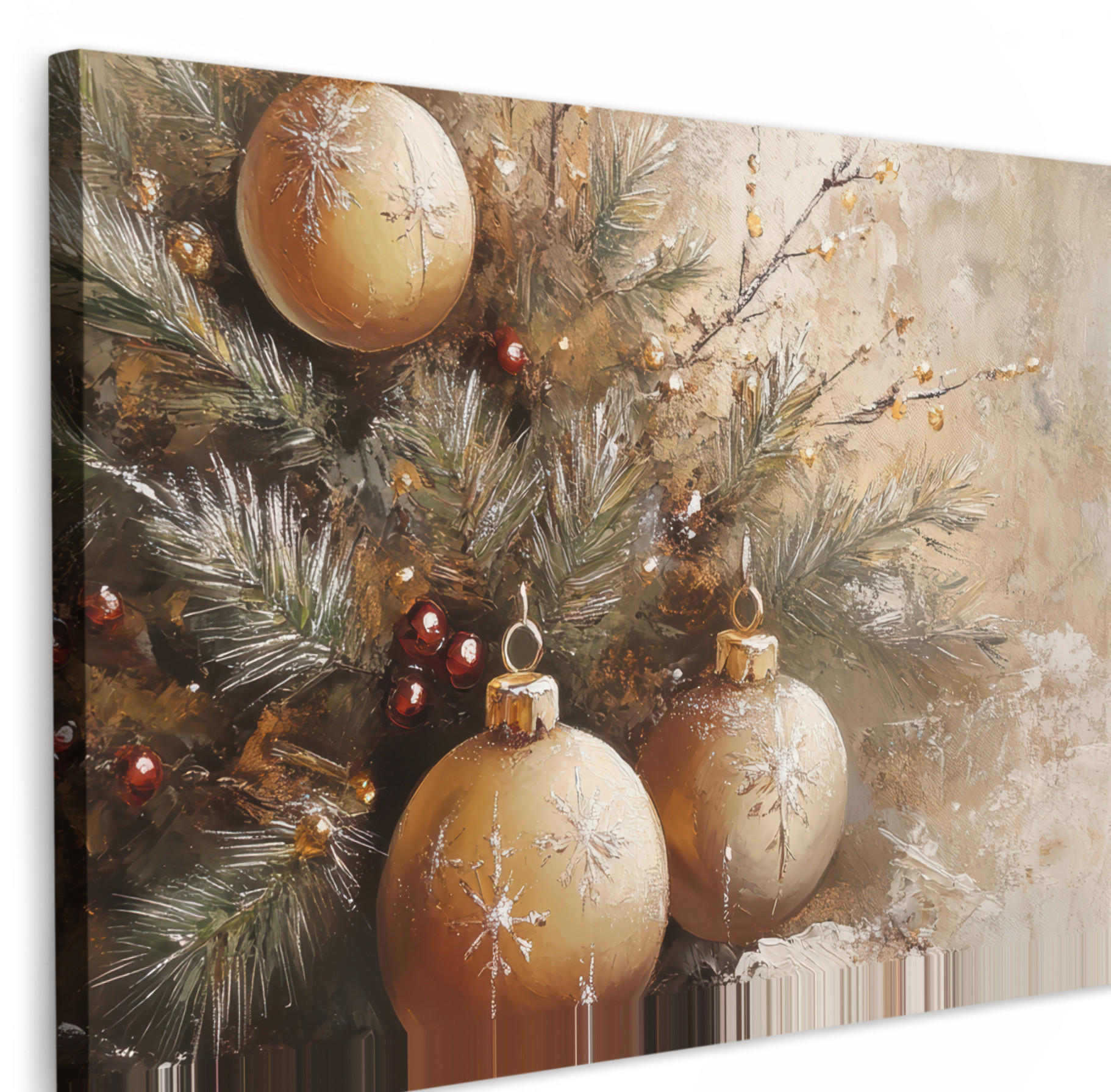LEINWANDBILD Weihnachten - Kugeln - Beige - Gold Groß 140x90 cm - Goldfarben, Textil (140/90cm) - MuchoWow
