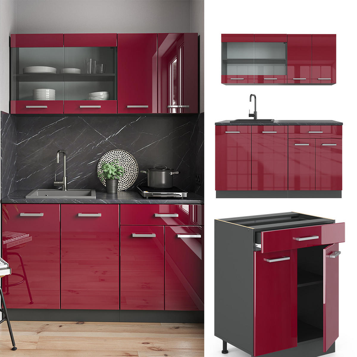 KÜCHENZEILE R-Line Rot Hochglanz/Anthrazit 140 cm , AP Eiche - Anthrazit/Rot, Holzwerkstoff (140/81.6/60cm) - Vicco