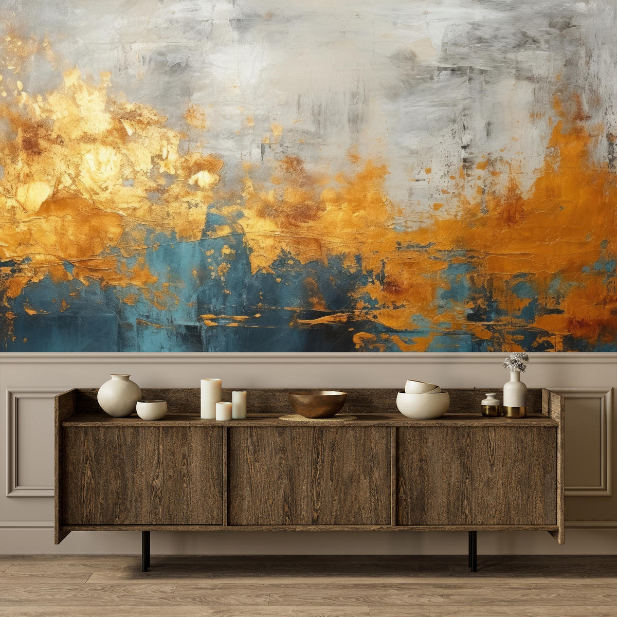 FOTOTAPETE für Badezimmer Abstrakter Beton Gold Mauer 350x256 - Türkis/Goldfarben, Papier (350/256cm) - Muralo