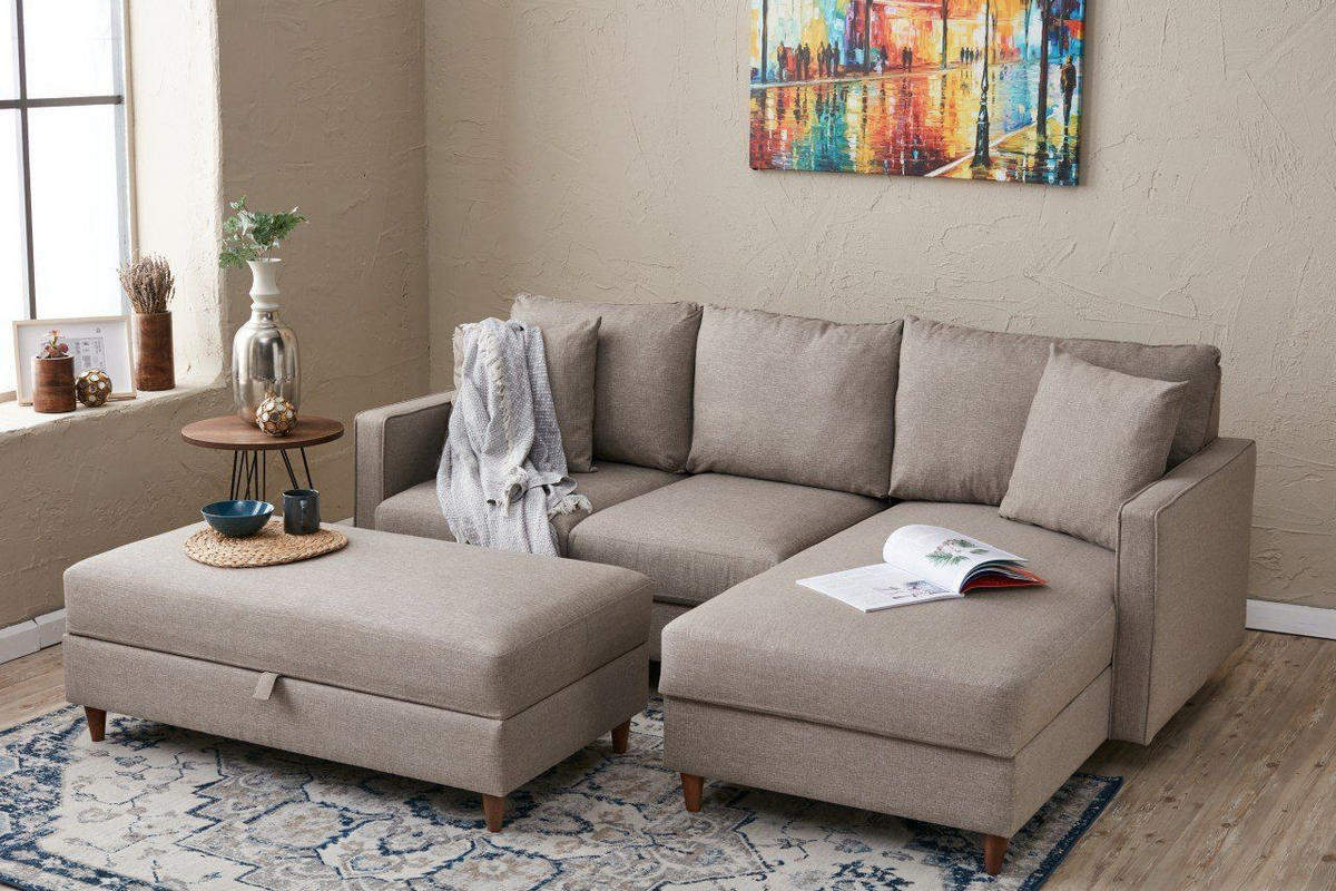 ECKSOFA mit Hocker, Schlaffläche - Beige/Walnussfarben, Holz/Kunststoff (155/210cm) - myHomelando