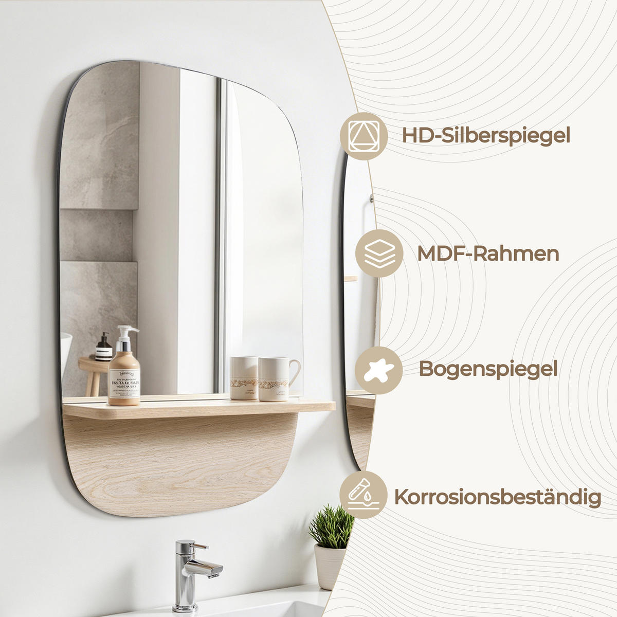 RECHTECK-SPIEGEL ohne Rahmen 75×50 cm - Naturfarben, Glas/Holz (50/1.6/75cm)