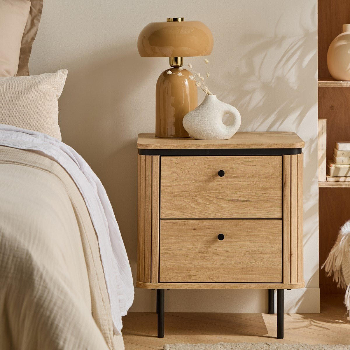 NACHTTISCH mit 2 Schubladen und seitlichem Rillen-Effekt H55 cm malaga 48/55/40 cm - Apfelbaumfarben, Holzwerkstoff (40/55/48cm) - Calicosy