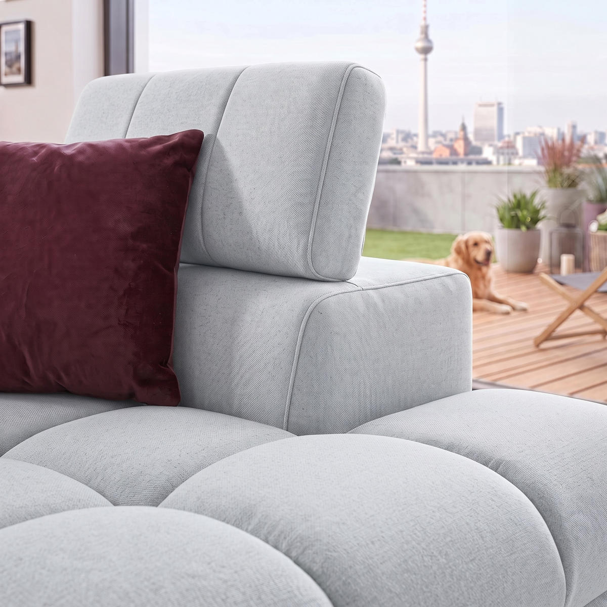 ECKSOFA PUDDING MAXI L Rechts mit Schlaffunktion 125x195 Velours Hellgrau - Hellgrau/Schwarz, Holz/Textil (350/203cm) - Muffo