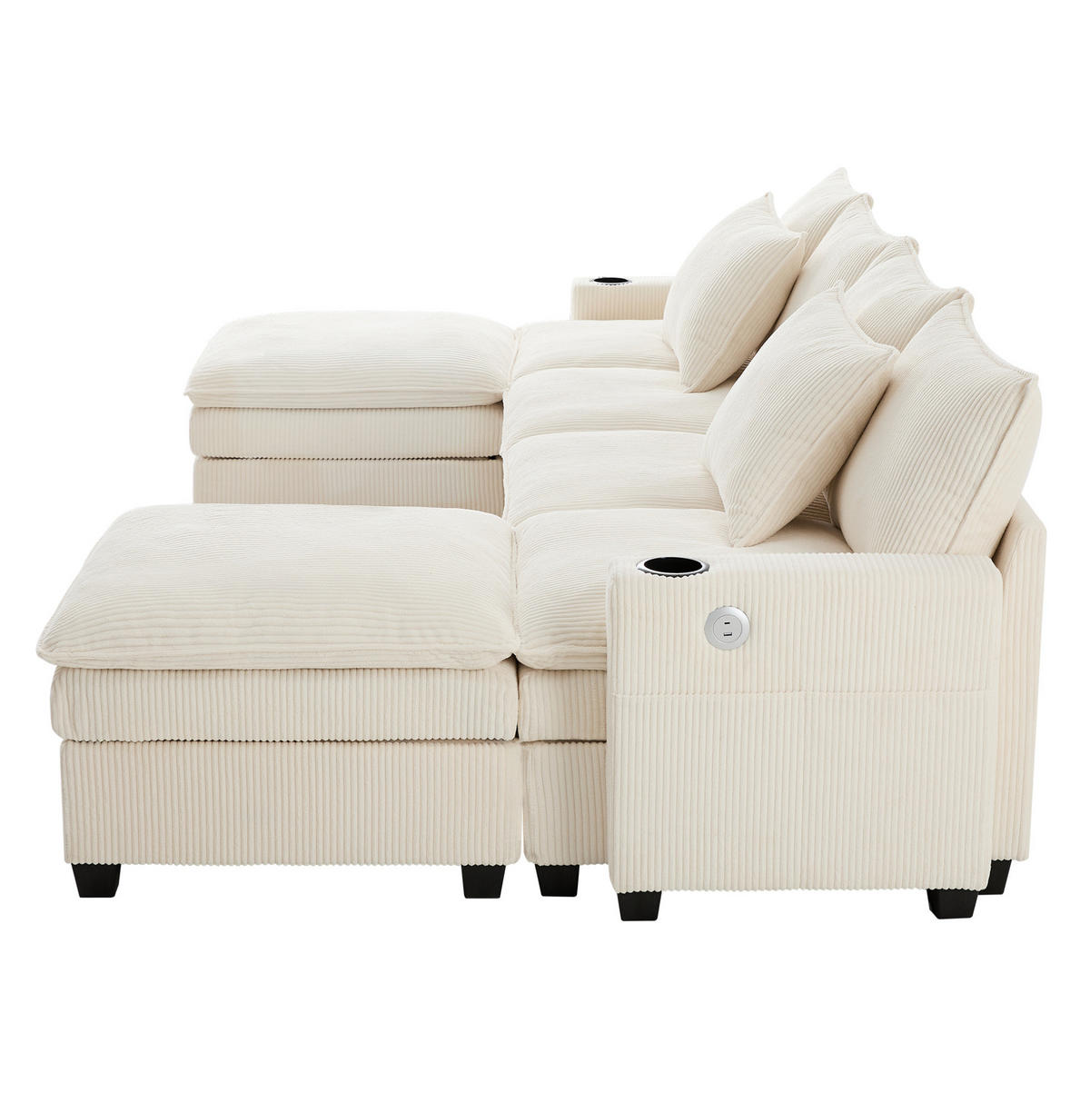 ECKSOFA Modulares 5-6-Sitzer mit Fußhocker und USB-Anschlüssen Cord Beige 280/151/82 cm - Beige, Textil (280/152cm) - OKWISH