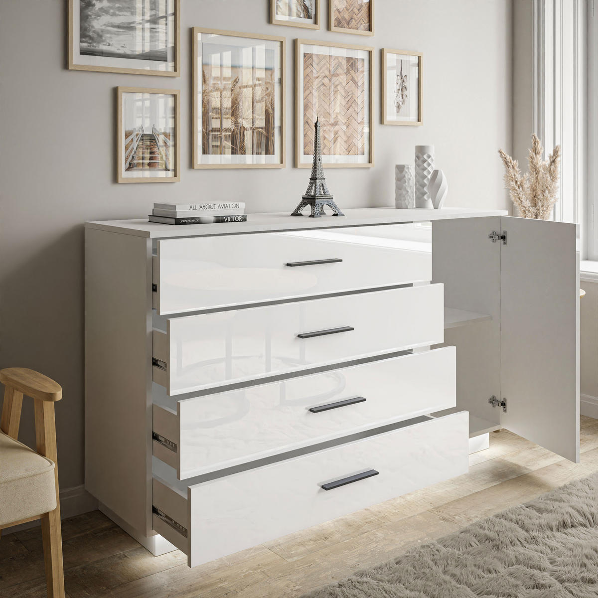 SIDEBOARD LINA II 1D4S mit LED-Beleuchtung Schwarze Griffe - Weiß, Holzwerkstoff (138/84/41cm) - Lookway