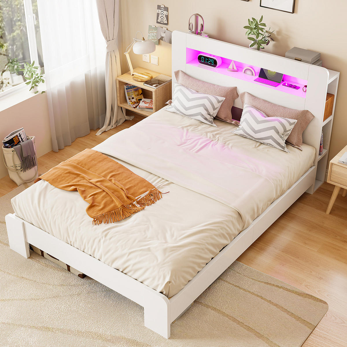 RAHMENBETT 140/200 cm in Weiß mit Stauraum, LED und Steckdosen - Weiß, Holz/Holzwerkstoff (140/200cm) - WISHDOR