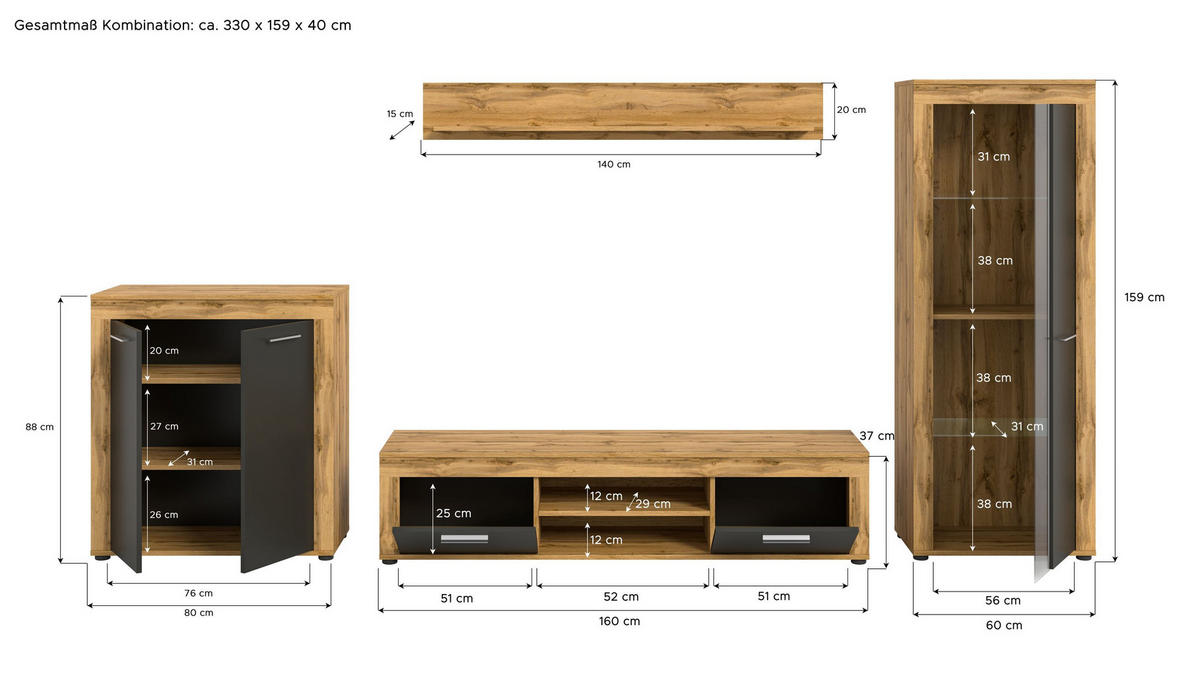 WOHNWAND Milo 4 tlg. (B/H/T: ca. 330/159/40 cm) in Wotan Eiche /grau - Eiche Wotan, Holzwerkstoff (330/159/40cm)
