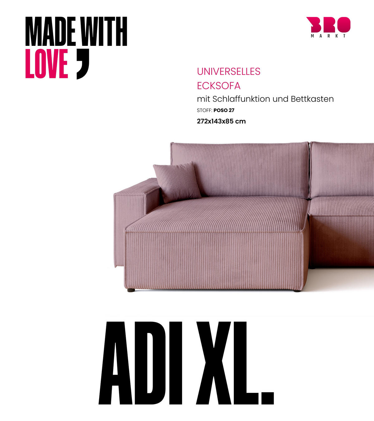 ECKSOFA ADI XL mit Schlaffunktion Puderrosa Cord - Rosa, Textil (272/143cm) - Bromarkt