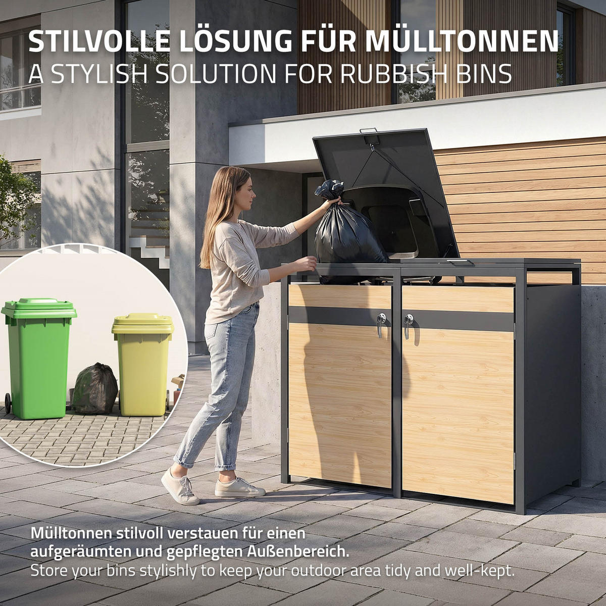 KONTEJNEROVÝ BOX na odpadky, 2 kusy, antracit, vzhled dřeva - přírodní, kov (132/120/80cm) - ML-DESIGN