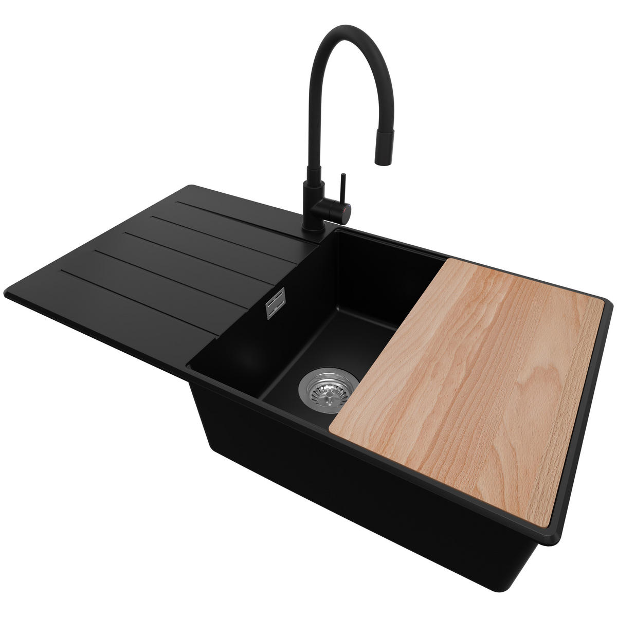 GRANITSPÜLE Kopenhagen, 2-er set Schwarz 90/50 cm 1 Becken + Küchenarmatur 40/38 cm + Ablauf-Set + Schneidebrett ab 60er Unterschrank - Chromfarben/Beige, Kunststoff (90/20/50cm) - Primagran