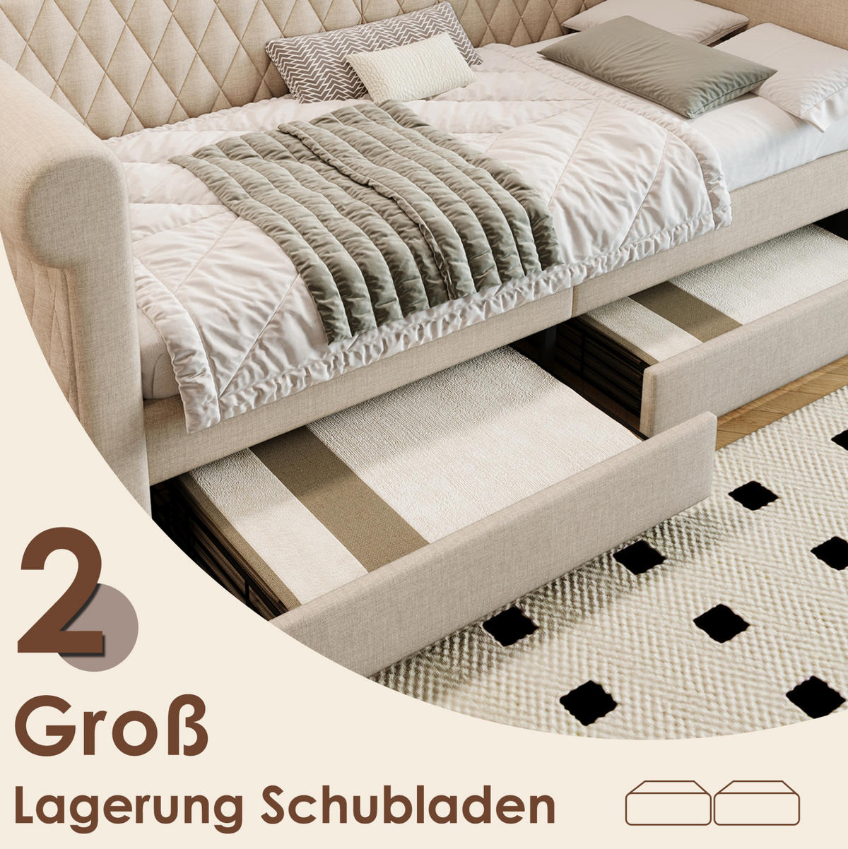 POLSTERBETT 90/200 cm Beige aus Leinen mit 2 Schubladen - Beige, Textil (90/200cm) - OKMYHOME