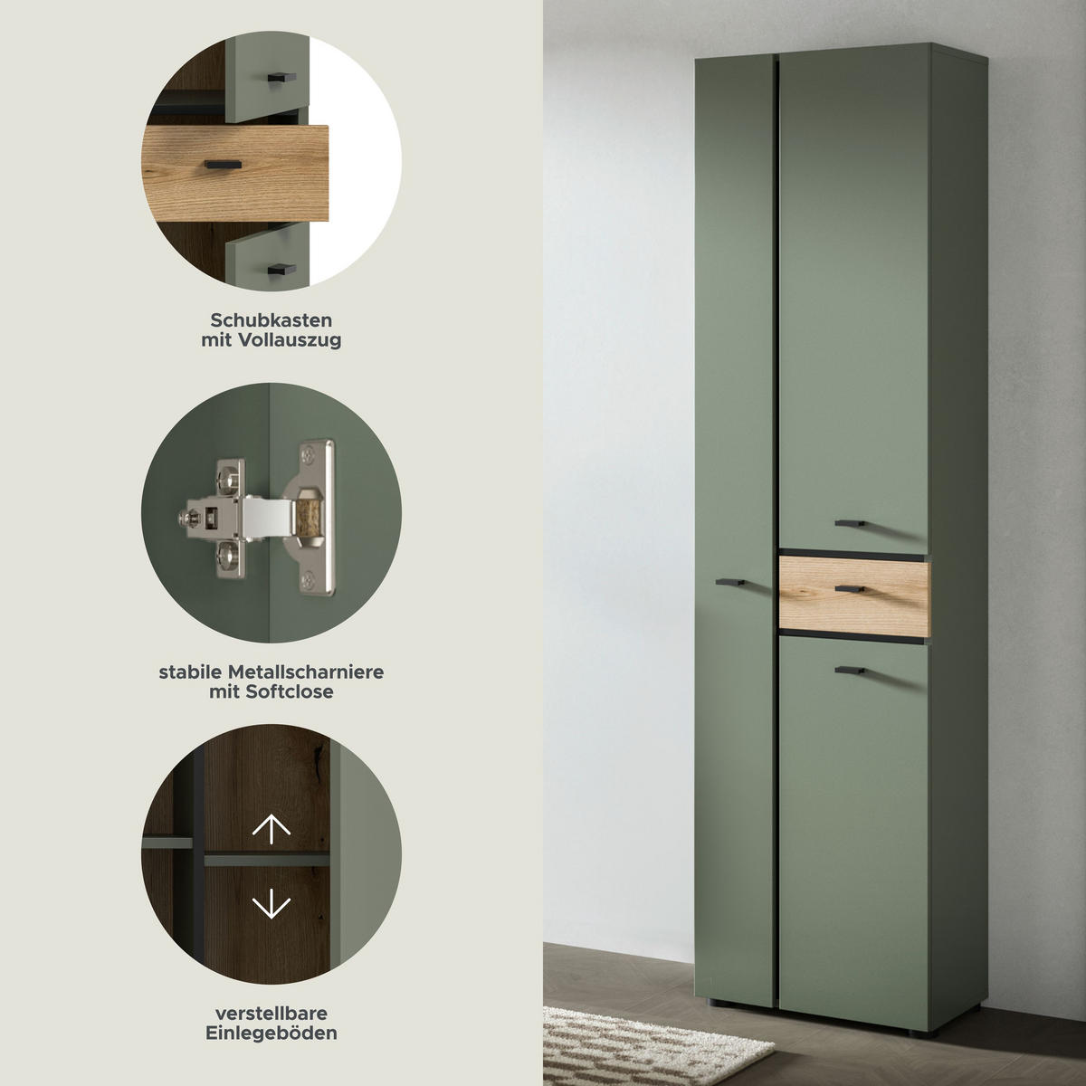 HOCHSCHRANK AQUA (B/H/T: ca. 51/191/30 cm) in Sage Green/Sage Green - Grün, Holzwerkstoff (51/191/30cm)