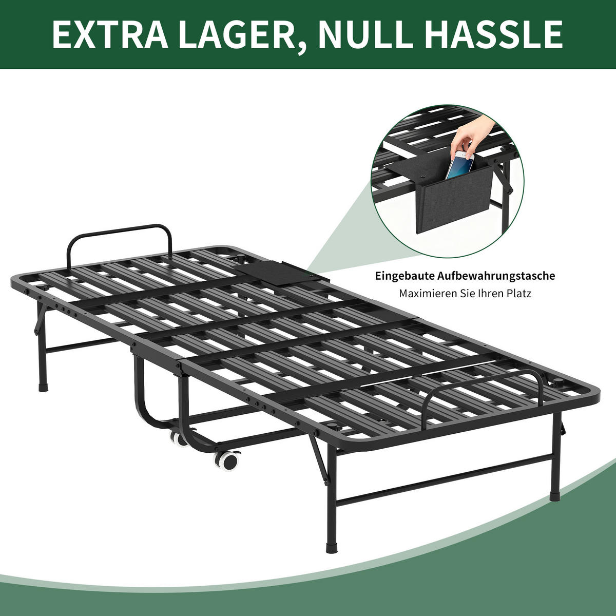 KLAPPBETT auf Rollen 80x190 cm Metall Schwarz inkl. Matratze - Schwarz, Metall (80/190cm) - Meubliv