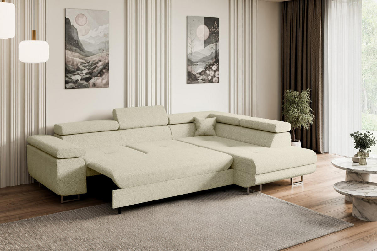 ECKSOFA mit Schlaffunktion und Bettkasten GUSA-L 272x202x107 cm Beige Bouclé - Beige/Silberfarben, Holzwerkstoff/Textil (272/202cm) - ALTDECOR