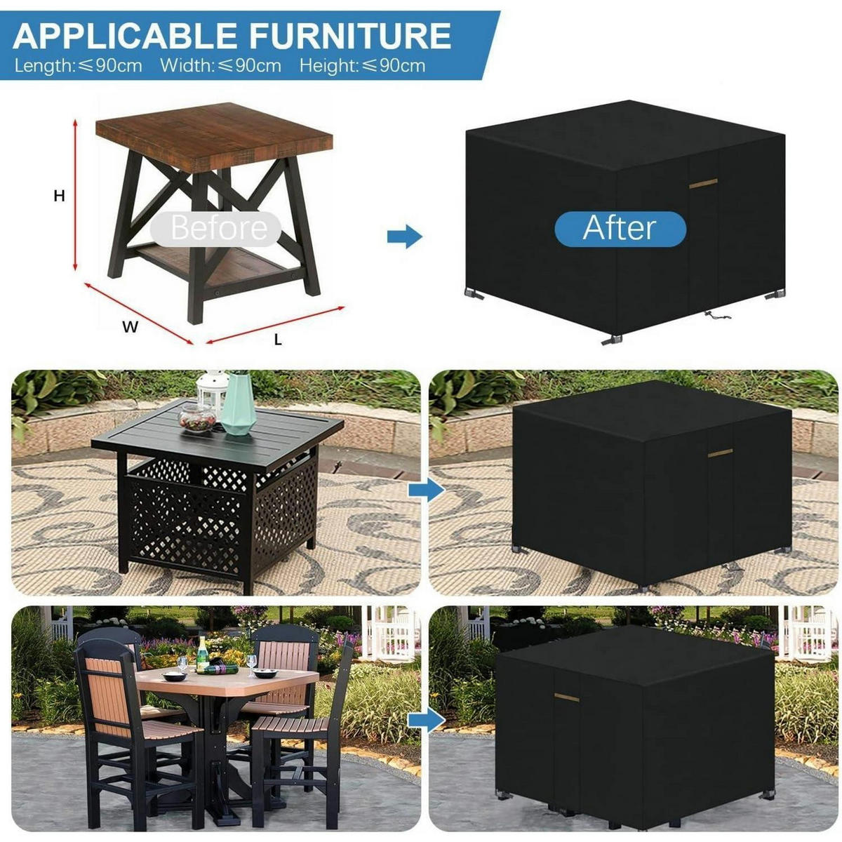 ABDECKUNG für Gartenmöbel 90 x 90 x 90 cm Quadratisch Wasserdicht Winddicht - Schwarz, Kunststoff (1/1/1cm)