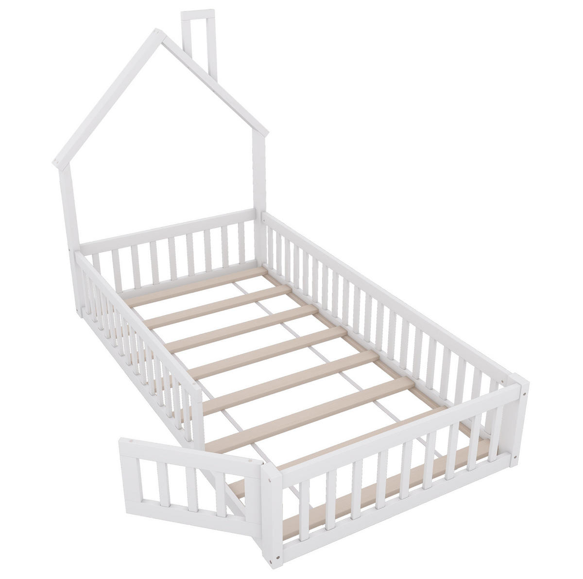 KINDERBETT Kindereinzelbetten 90/200 cm mit Lattenrost, Schornstein-Design und Sicherheitsgitter aus Kiefer und MDF, Weiß - Weiß, Holzwerkstoff (90/200cm) - Redom