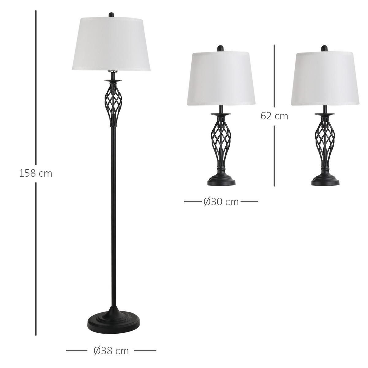 3ER-LAMPENSET 2 Tischlampe(ø38 x 158 cm) + 1 Stehlampe(ø30 x 62 cm) Weiß - Multicolor, Metall (38/158/30cm) - HOMCOM
