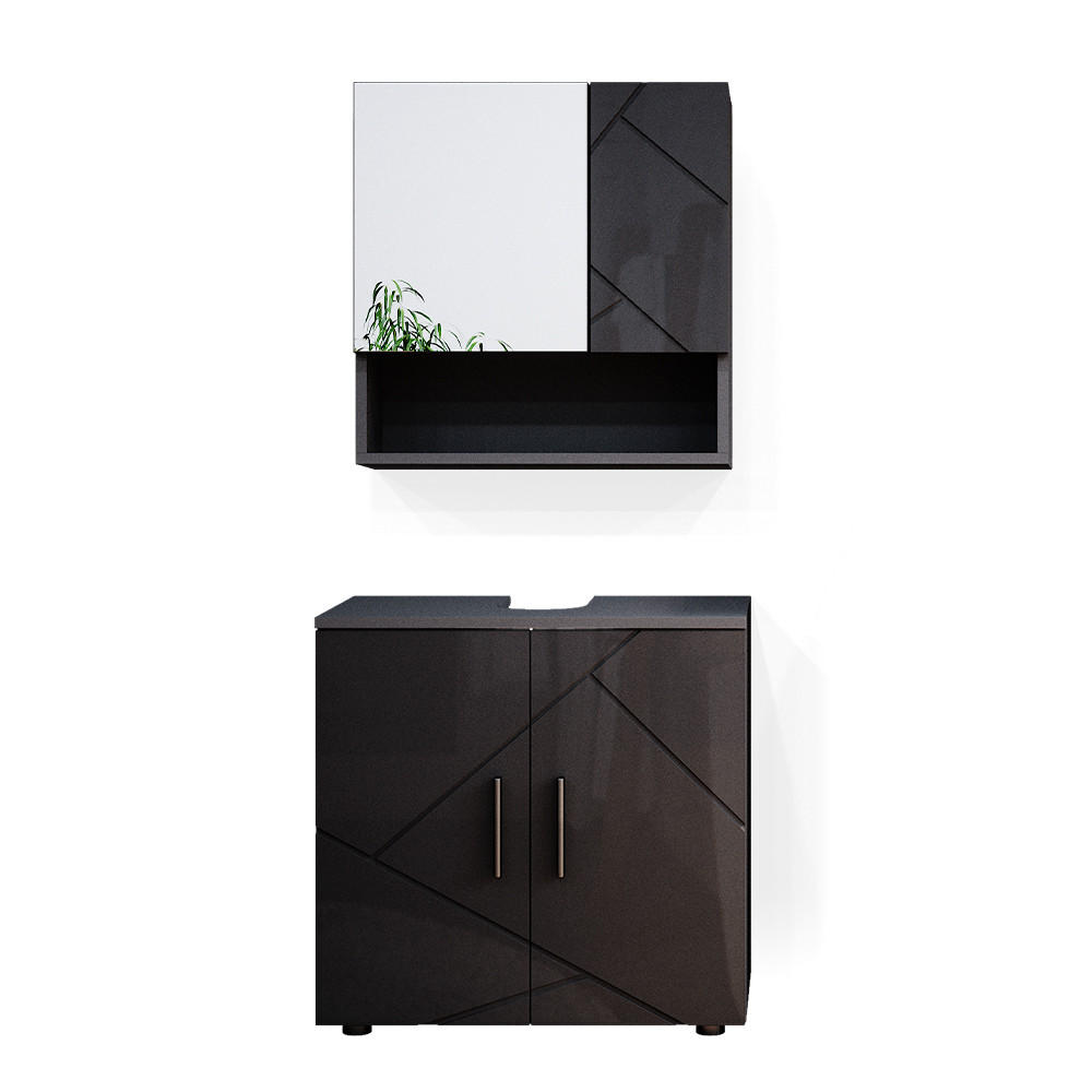 BADMÖBEL-SET Irma Anthrazit Hochglanz 2 Teile, Unterschrank 60 cm - Anthrazit, Holzwerkstoff (80/58.6/41cm) - Vicco