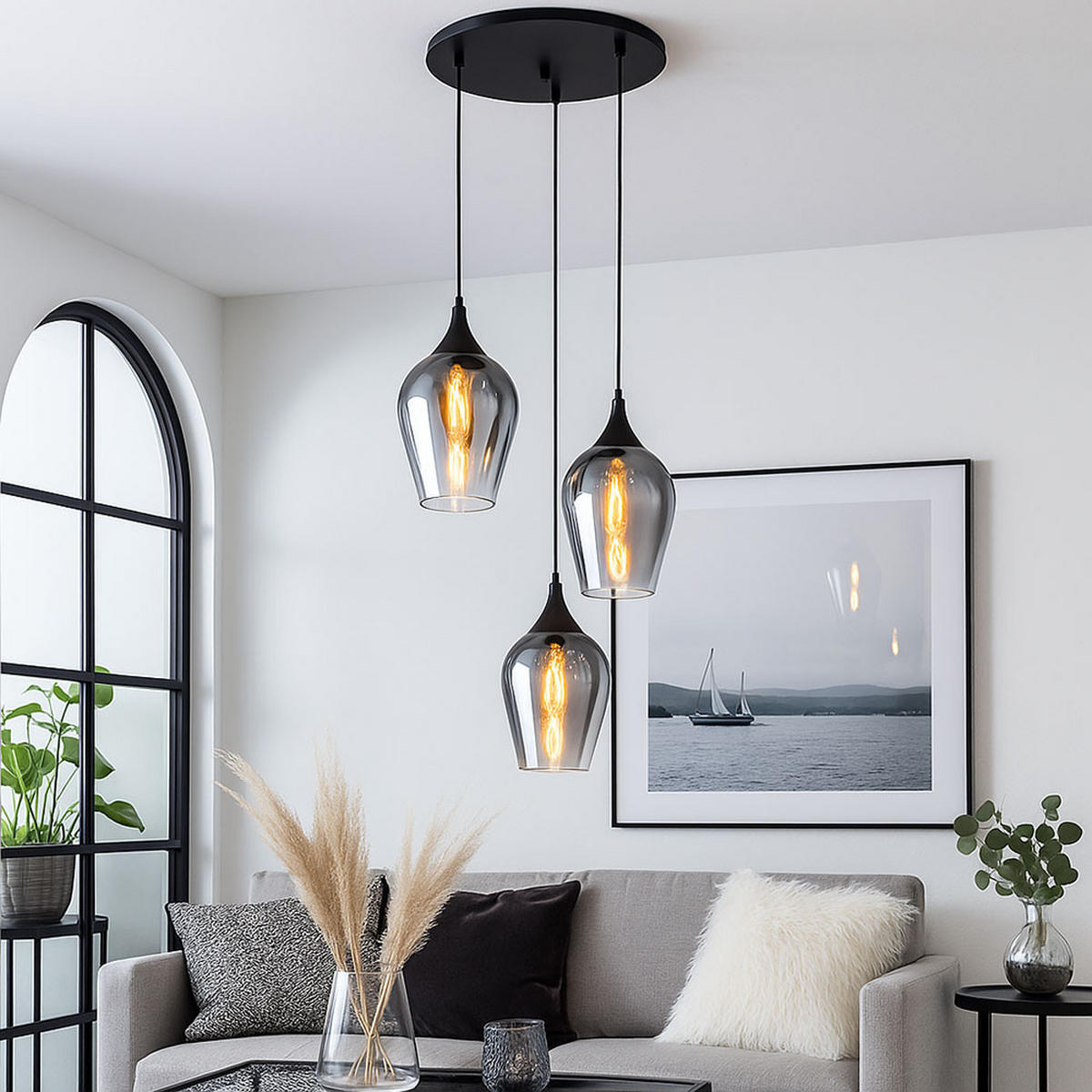 PENDELLEUCHTE Metall Rauchfarbe 3-Flammig - Schwarz, Glas (45/45/120cm) - Globo Lighting