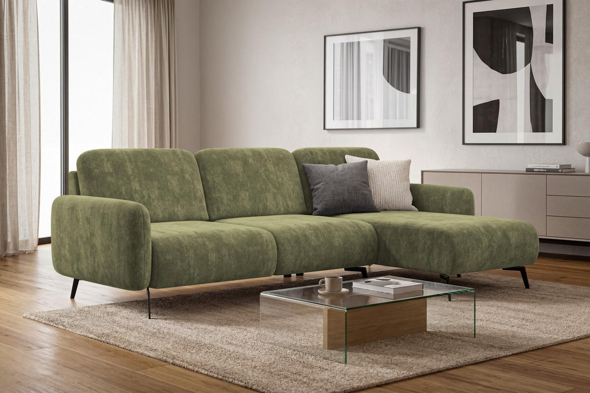 ECKSOFA FEBE 4-Sitzer RECHTS, olivgrüner Chenille-Stoff - Schwarz/Olivgrün, Holz/Textil (264/157cm) - Wozimo