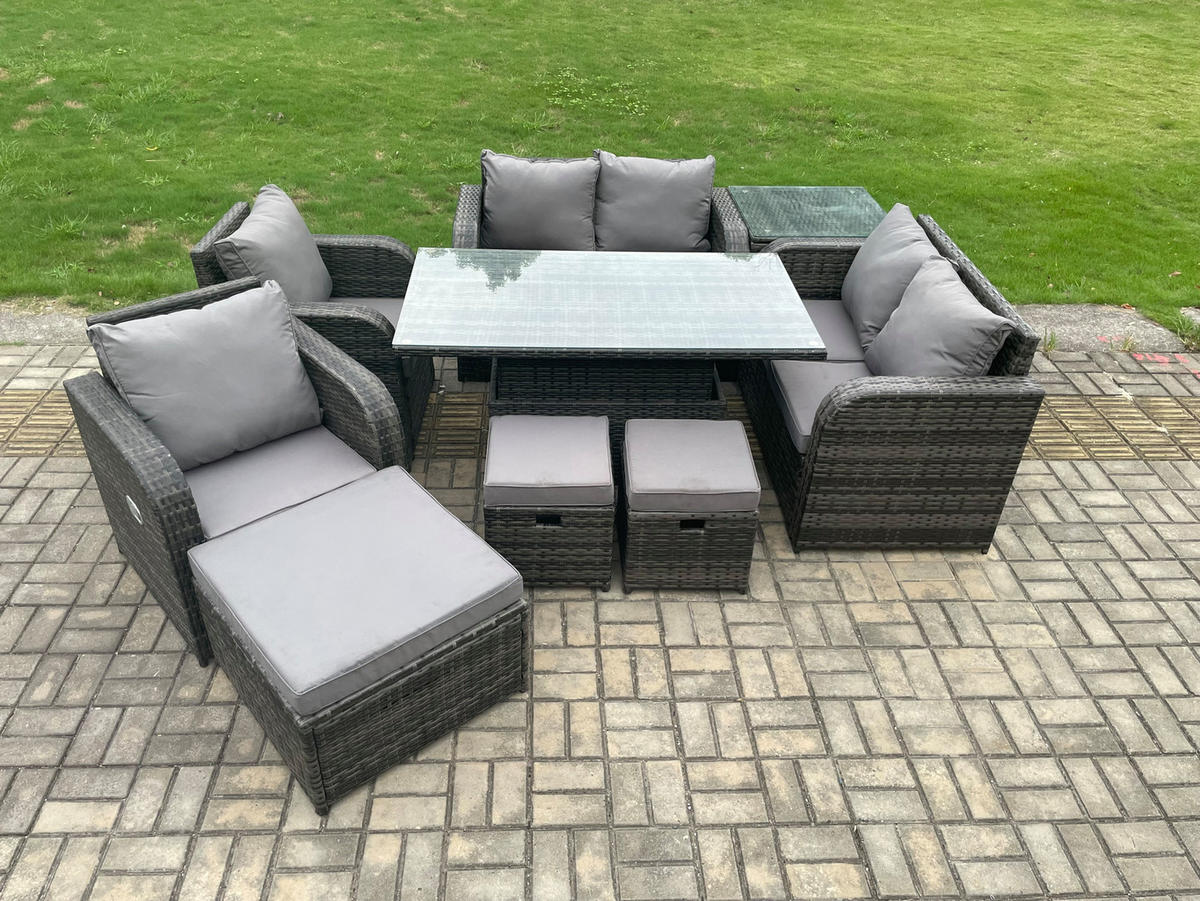 GARTENSOFA SET Polyrattan Dunkelgrau 9-Sitzer - Dunkelgrau/Grau, Metall - Fimous