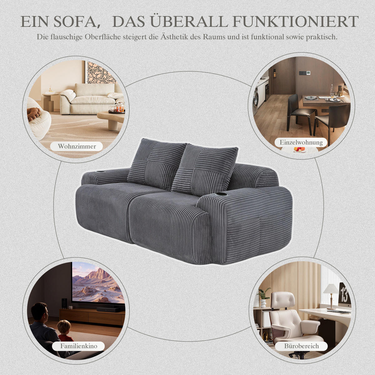 SOFA od samta, 200/99/80 cm tamnosiva, dvosjed s držačem za piće i bočnim džepom - tamno siva, tekstil (100/80/200cm) - BEAOK