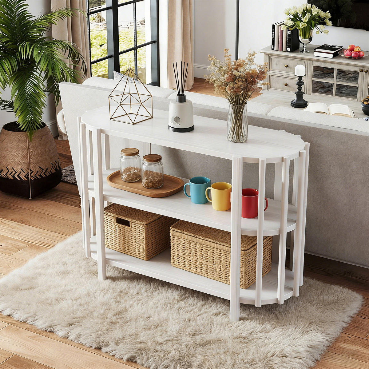 OVALER Couchtisch mit 3 Ablagen – Wohnzimmertisch in Holzoptik, MDF, 114 × 38 × 75 cm, Weiß - Weiß, Holzwerkstoff (114/38/75cm) - Ej. Life