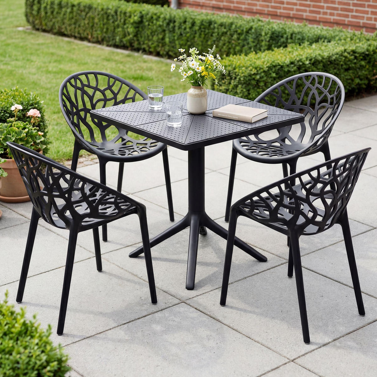 GARTENMÖBEL-SET Sofia 4 Stühle 180x180x80cm Kunststoff Schwarz Balkonset - Schwarz, Kunststoff - DELUKE